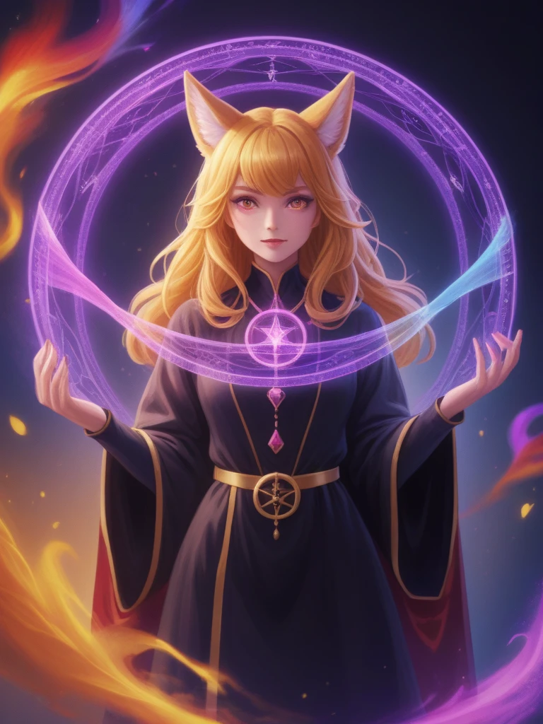 (Solo), anthro fox girl, black robe with golden details, sorcerer,
colorful, rainbow,
magic circle, summoning,