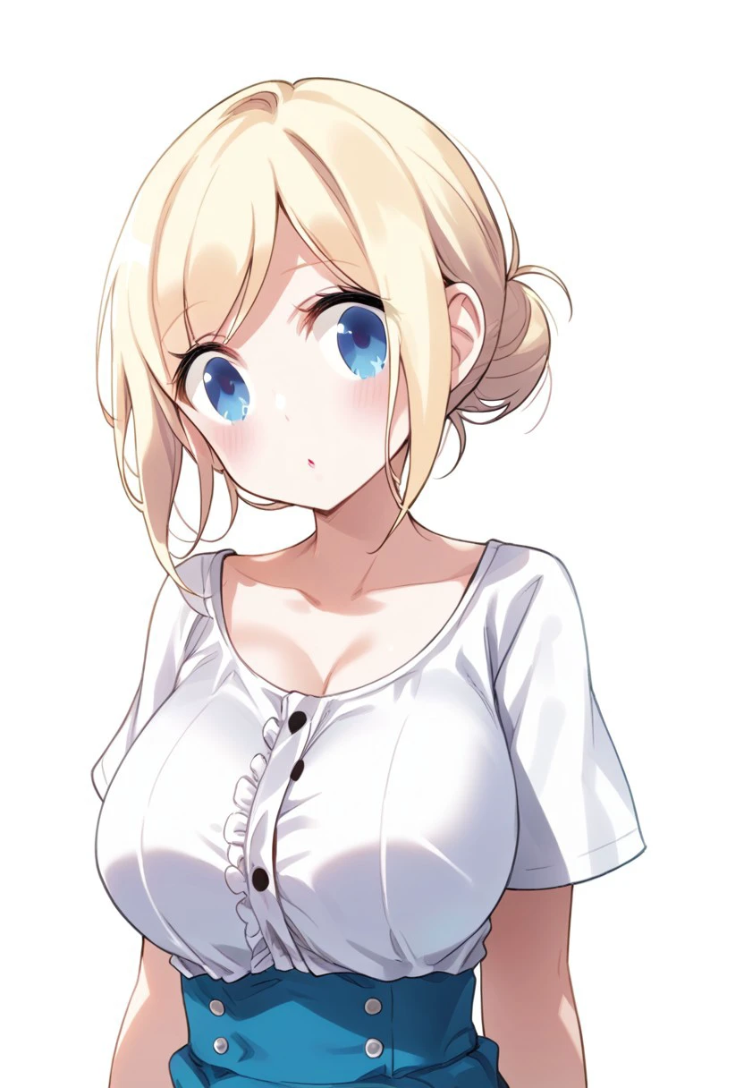 masterpiece, best quality, white background,
shin_seyoung, 1girl, solo, blonde hair, blue eyes, hair bun, round breasts