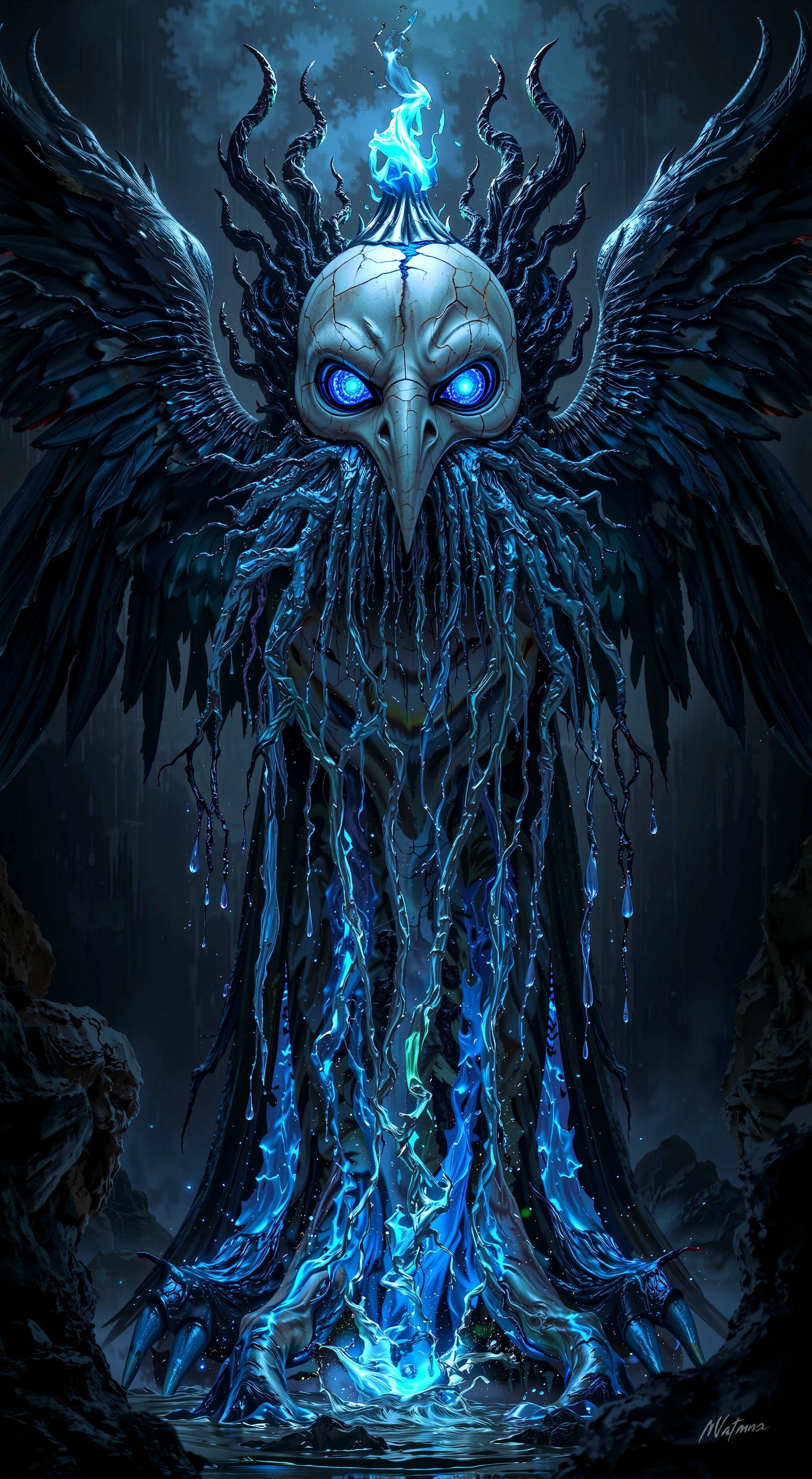 In a dark, gothic landscape, a Garuda-bodied figure with a grotesque Japanese ghost mask hovers in haunting silence. Streams of molten blue lava ooze from the cracks in the mask, flowing over the Garuda's outstretched wings and solidifying into glowing, crystalline forms that pulse with an eerie light. The Garuda's fierce eyes, filled with malevolent intensity, radiate a sinister glow as twisted roots burst from its eye sockets, twisting down like tendrils of ancient evil. Flames flicker menacingly around its talons, interwoven with icy water that freezes upon contact with the molten blue lava. The background features towering gothic spires and cursed symbols faintly illuminated by the flickering light. The entire scene is a blend of fiery intensity, chilling cold, and supernatural horror, amplifying the menacing aura of the Garuda in this unearthly, cursed realm. MSKLDJM
Lora: <lora:MaSk_DJM230x_FLUX-000001.safetensors:1.5:1.5>