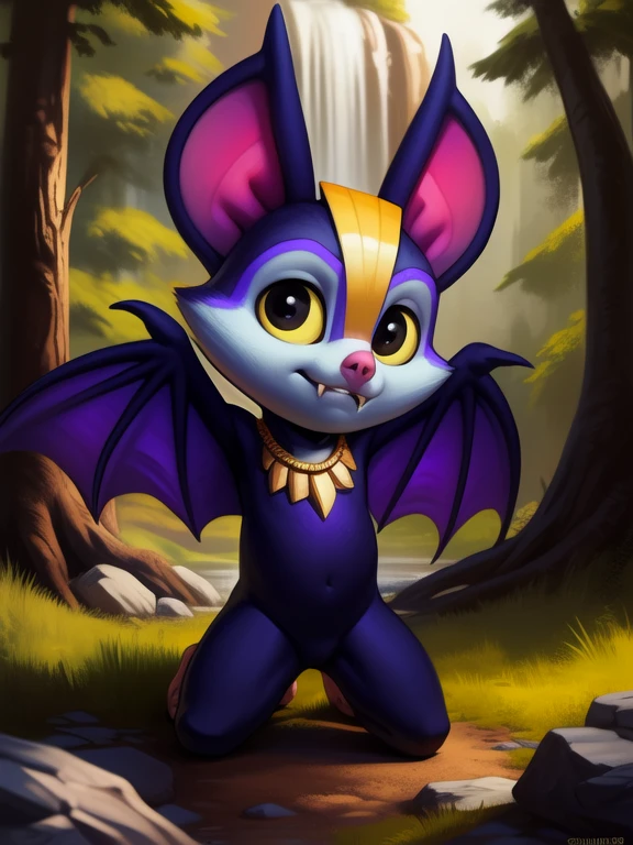 <lora:CammyCamazotzBatsNYif:1> CammyCamazotzBatsN, Bat, arms wings,  dark purple fur, yellow sclera, black eyes, light blue face, yellow feet,  ( chibi, small body,) male, gold necklace, gold necklace, ((yellow stripe on the forehead, dark purple belly,)) fangs,
Looks at the viewer, [ solo, nature, forest, day, clouds, waterfall, nude, naced,] ((cowgirl position,))
beautiful, aesthetic, perfect, delicate, intricate, saturated colors, masterpiece, digital drawing, best quality,
by Darkgem, by Wildering, by Null-Ghost, by Silverfox5213, [[by Foxovh, by Chunie, by Pino Daeni, by Bonifasko]]