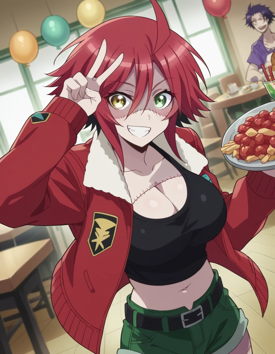 score_9, score_8_up, score_7_up, source_anime, <lora:zombina-s1-ponyxl-lora-nochekaiser:1>, zombina, short hair, large breasts, green eyes, yellow eyes, ahoge, red hair, heterochromia, stitches, zombie, patchwork skin, navel, cleavage, jacket, shorts, midriff, belt, open jacket, crop top, short shorts, tank top, red jacket, green shorts,, restaurant, laughter, good food, warm lighting, celebration, smile, , v,, solo,, dutch angle,