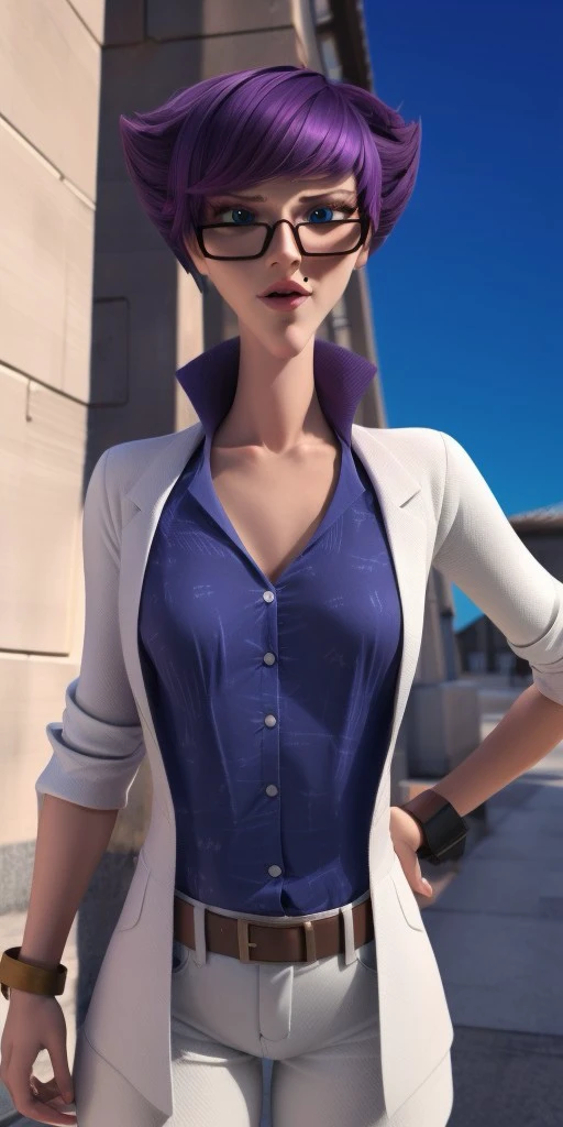 Hyperrealistic, photorealistic, super detailed, blue jeans, purple V-necked dress shirt with a white scientific scribble pattern and popped collar, deep cornflower blue eyes, short dark purple hair, prominent lips, beauty mark on her left cheek, pointy chin, body like in real life, large pores, fair skin, tall, beautiful arms, very flat very little breasts, unreal engine, octane render, droped shadow, bokeh, cinematic lighting, <lora:add_detail:0.5>, <lora:Volumetric_lighting:0.6>, Olga Mendeleiev, <lora:9ff36df4-f6f9-414c-b6c2-64238b1b9e87:0.7>