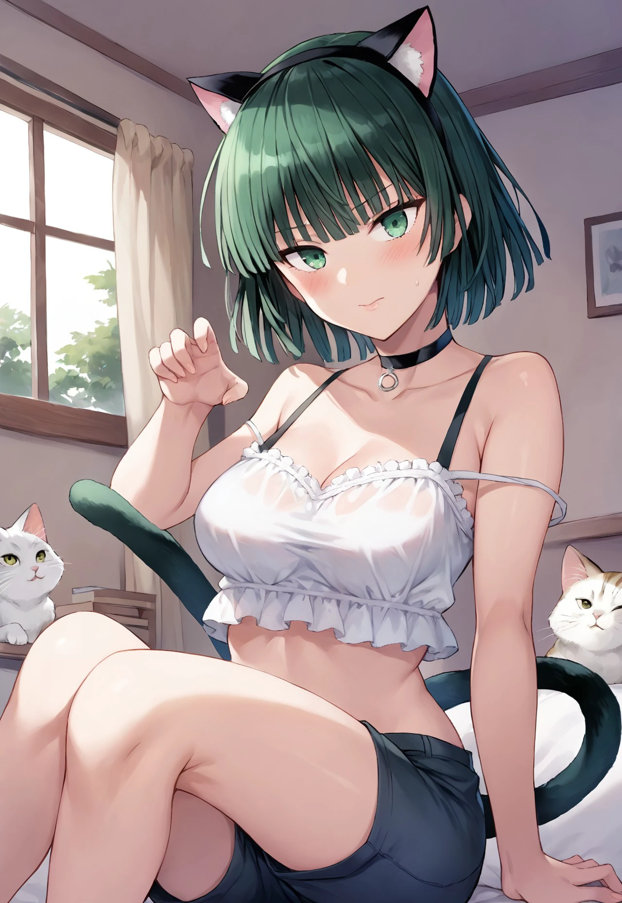 safe_pos, score_9, score_8_up, score_7_up, solo, 1girl, Fubuki_(One-Punch_Man), green_eyes, green_hair, short_hair, blunt_bangs, large_breasts, cat_tail, cat_girl, fake_animal_ears, paw_pose, blush, embarrassed, shaded_face, white_blouse, shorts, indoors, black_choker,