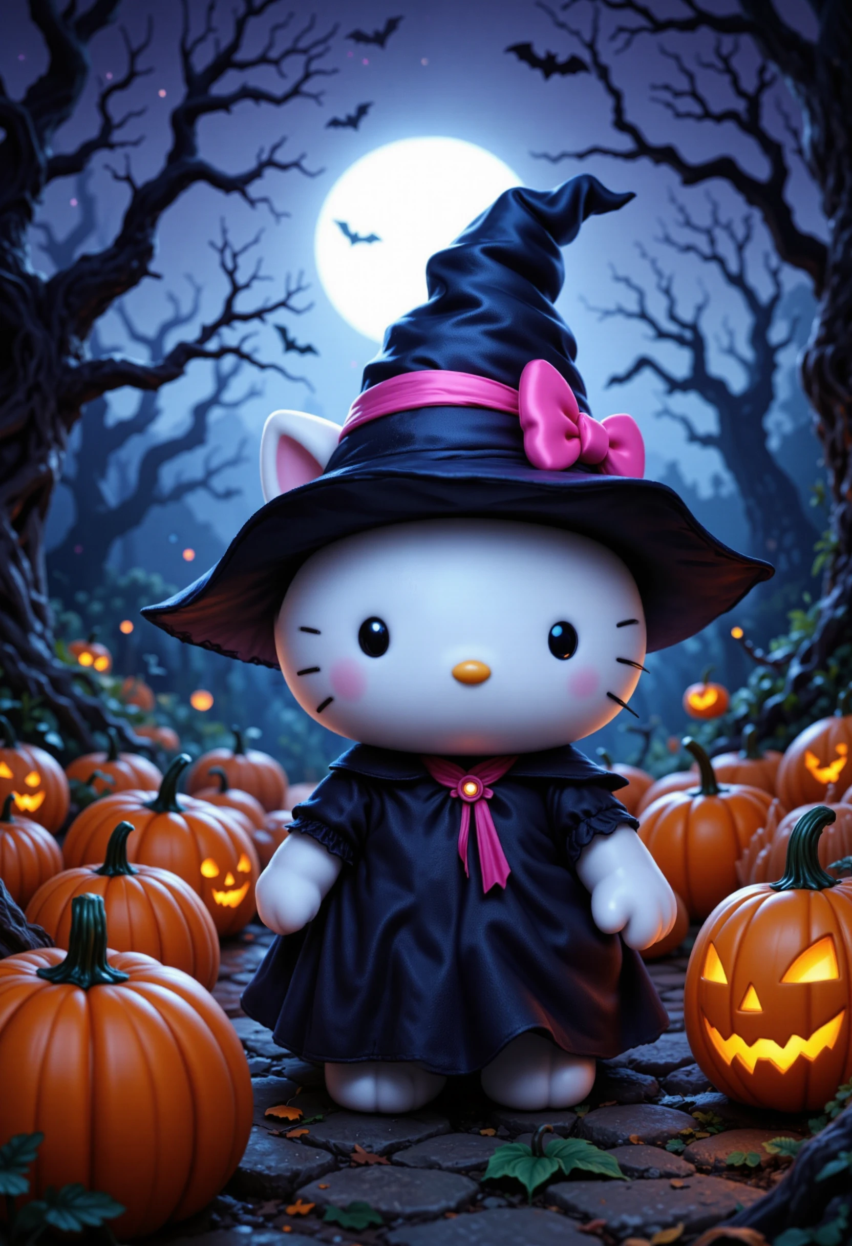 A chibi Hello Kitty dressed as a witch, standing in a mystical pumpkin patch. Her witch hat is adorned with a pink ribbon, and the scene is lit by a soft, eerie twilight glow. The background features flying bats and twisted, leafless trees. The style is reminiscent of Yoshitaka Amano, with a focus on dark, moody lighting and intricate, delicate details that create a hauntingly beautiful atmosphere.