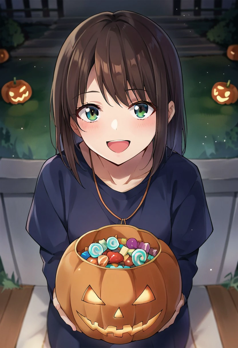 score_9, score_8, score_7, source_anime, trick or treat, 1girl, solo, jack-o'-lantern, looking at viewer, blush, food, candy, pumpkin, open mouth, smile