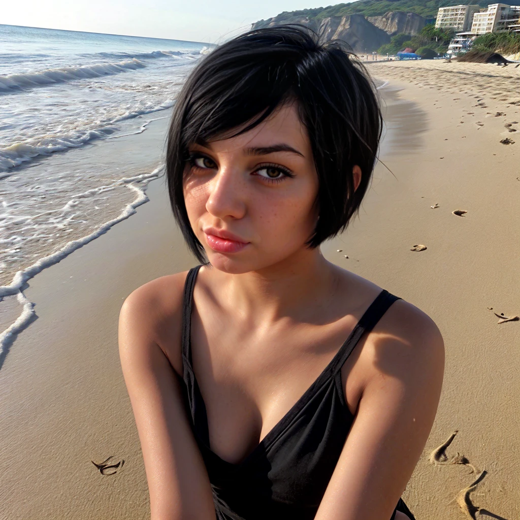 a young woman with  short black straight hair duckface on the beach<lora:POVHandjob:1>