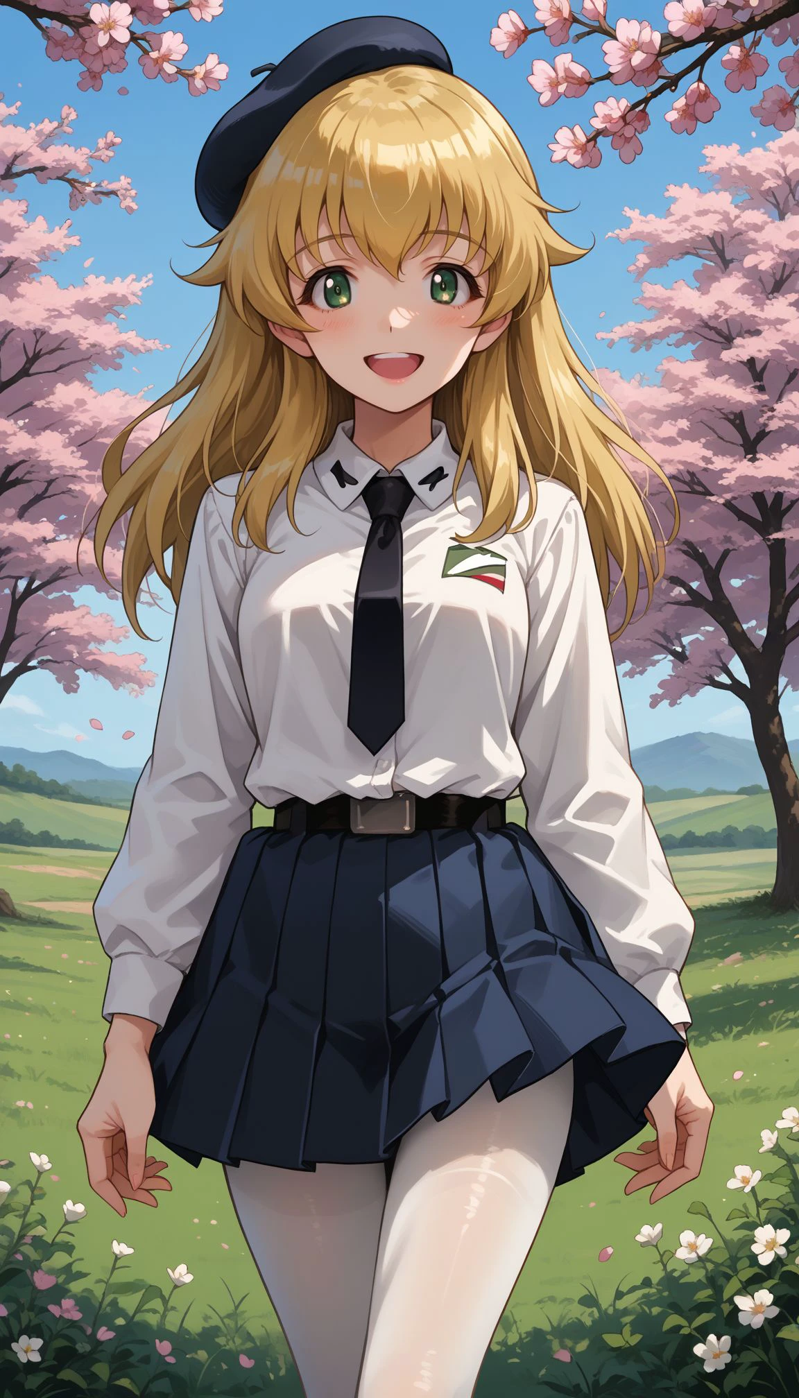 score_9, score_8_up, score_7_up, source_anime, ,outdoors,cherry blossoms,standing,cowboy shot,smile, flower field,
 <lora:GUPCarpaccio:1>, 1girl, long hair, carpaccio (girls und panzer), white pantyhose, green eyes, pleated skirt, anzio school uniform, black necktie, hat, beret, dress shirt, smile, long sleeves, blonde hair, open mouth, white shirt, simple background, looking at viewer, miniskirt, black belt, black headwear, black skirt, cowboy shot, wing collar, :d