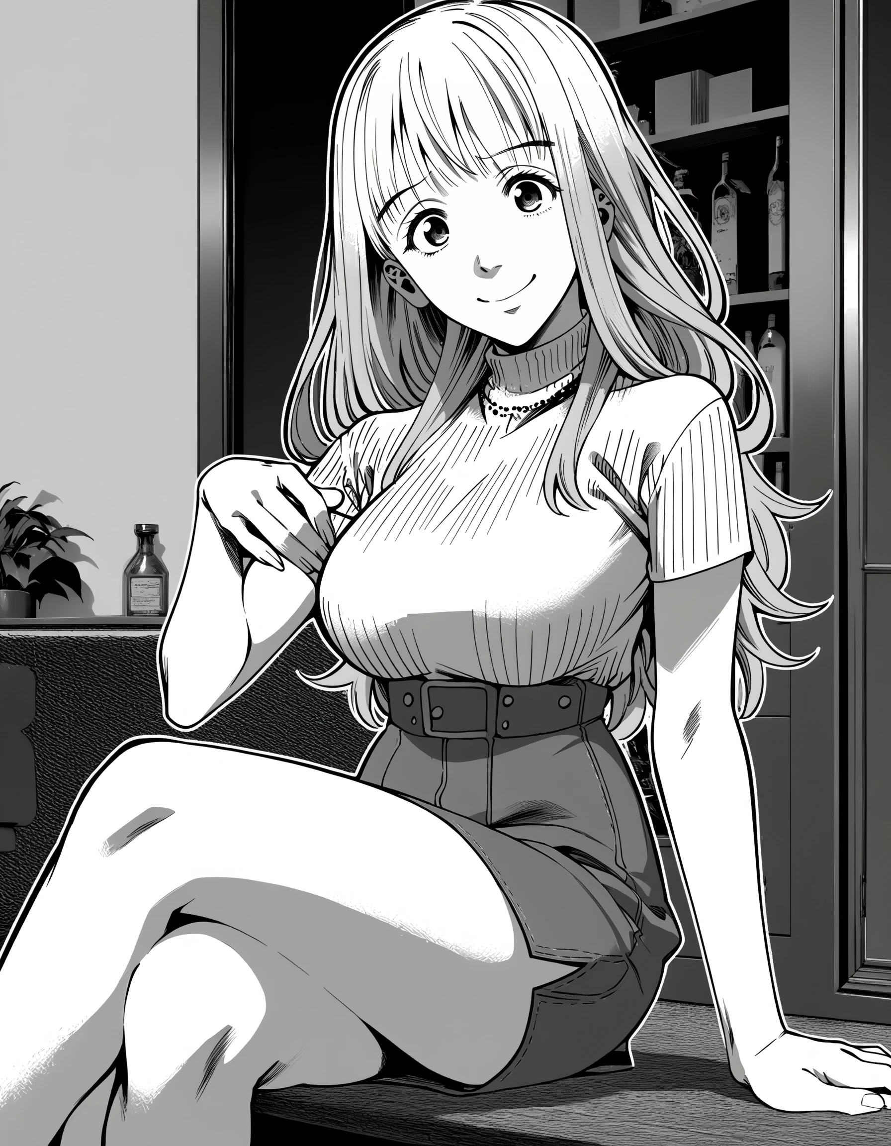 score_9, score_8_up, score_7_up, monochrome
BREAK 1girl, <lora:MahinaXL-v2:1>, mahina, necklace, turtleneck shirt, ribbed shirt, short sleeves, high-waist skirt, looking at viewer, sitting, crossed legs