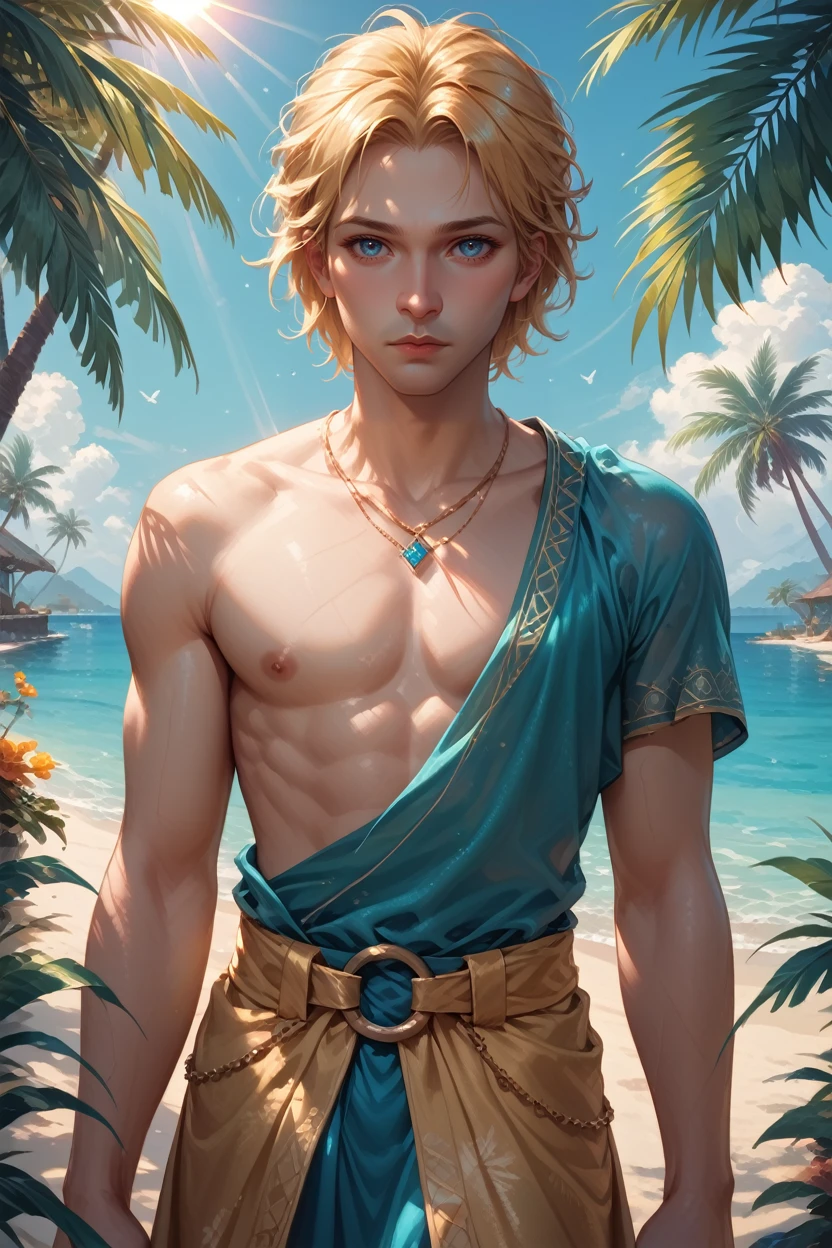 score_9, score_8_up, score_7_up,
<lora:DA2Anders:0.8>
DA2Anders, 1boy, blonde hair, blue eyes, looking at viewer, standing under a palm tree, turquoise water in the background, serene expression, sun rays filtering through leaves