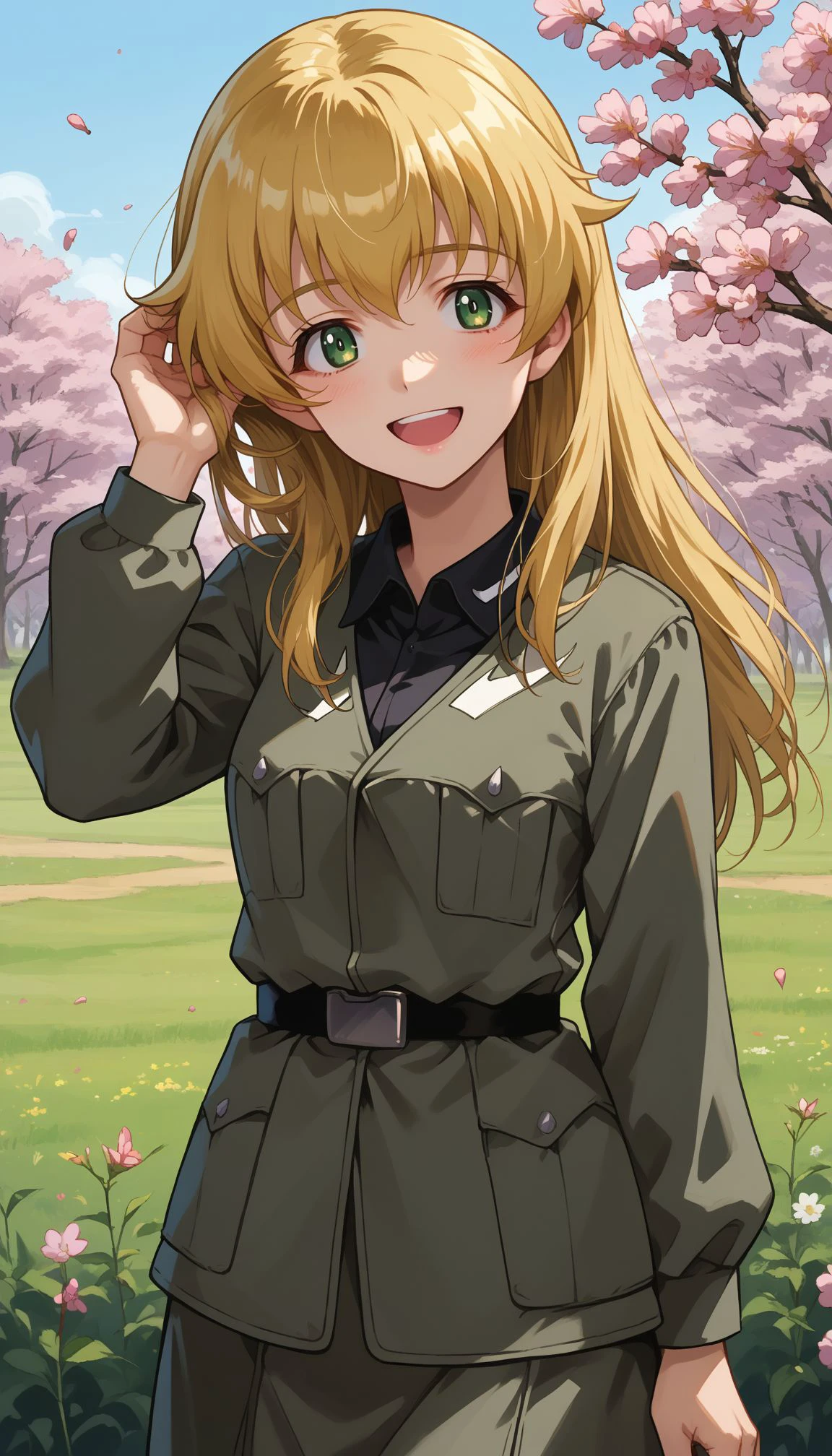 score_9, score_8_up, score_7_up, source_anime, ,outdoors,cherry blossoms,standing,cowboy shot,smile, flower field,
 <lora:GUPCarpaccio:1>, BCarpaccio, 1girl, carpaccio (girls und panzer), long hair, anzio military uniform, green eyes, smile, black shirt, black belt, open mouth, blonde hair, white background, grey jacket,  looking at viewer, hand in own hair, long sleeves, dress shirt, standing