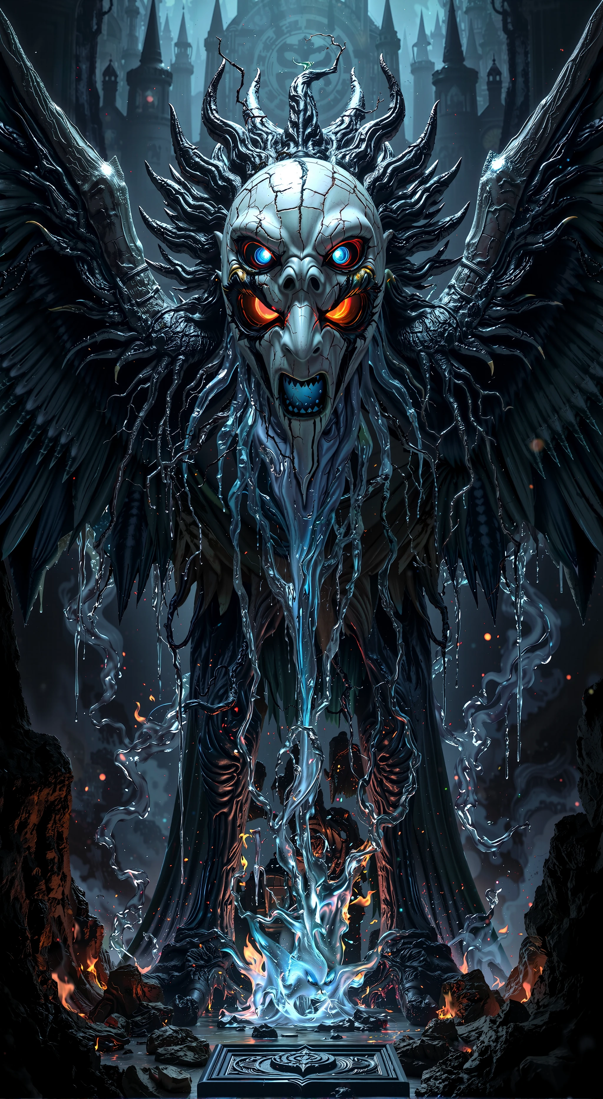 In a dark, gothic landscape, a Garuda-bodied figure with a grotesque Japanese ghost mask hovers in haunting silence. Streams of molten blue lava ooze from the cracks in the mask, flowing over the Garuda's outstretched wings and solidifying into glowing, crystalline forms that pulse with an eerie light. The Garuda's fierce eyes, filled with malevolent intensity, radiate a sinister glow as twisted roots burst from its eye sockets, twisting down like tendrils of ancient evil. Flames flicker menacingly around its talons, interwoven with icy water that freezes upon contact with the molten blue lava. The background features towering gothic spires and cursed symbols faintly illuminated by the flickering light. The entire scene is a blend of fiery intensity, chilling cold, and supernatural horror, amplifying the menacing aura of the Garuda in this unearthly, cursed realm. MSKLDJM
Lora: <lora:MaSk_DJM230x_FLUX-000001.safetensors:1.5:1.5>