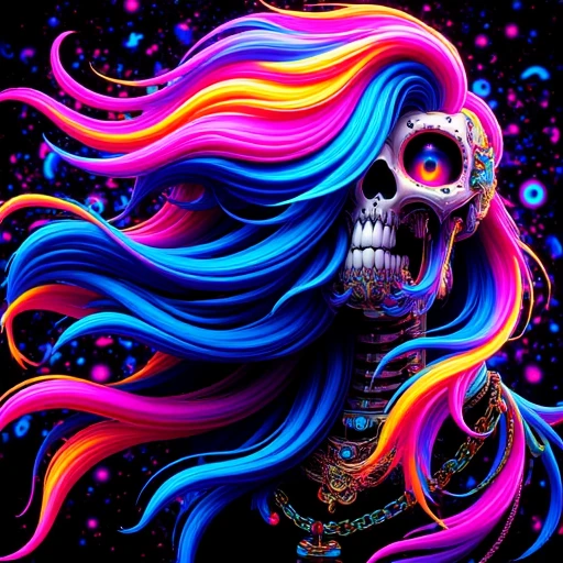an abstranct woman with long hair, holding smoky cigarette in her hand, face as the shape of a skull, colorful vector style, lsd vision style, portrait view.