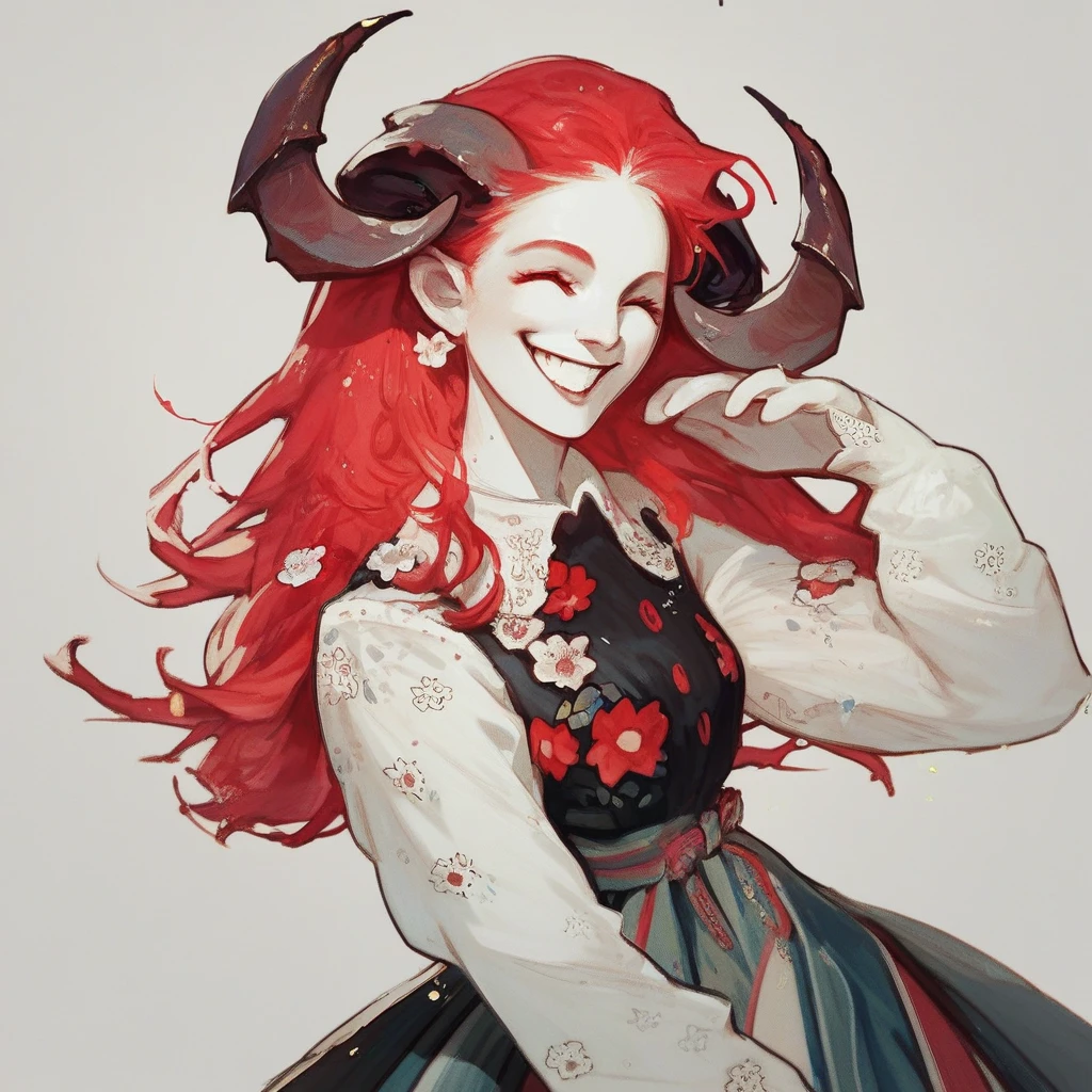 score_9, score_8_up, score_7_up, <lora:PolishDress:1> 1 girl, demon girl, white skin, white colored skin, horns, red hair, smile, happy, tradpolishdress, traditional clothes, floral print, skirt,