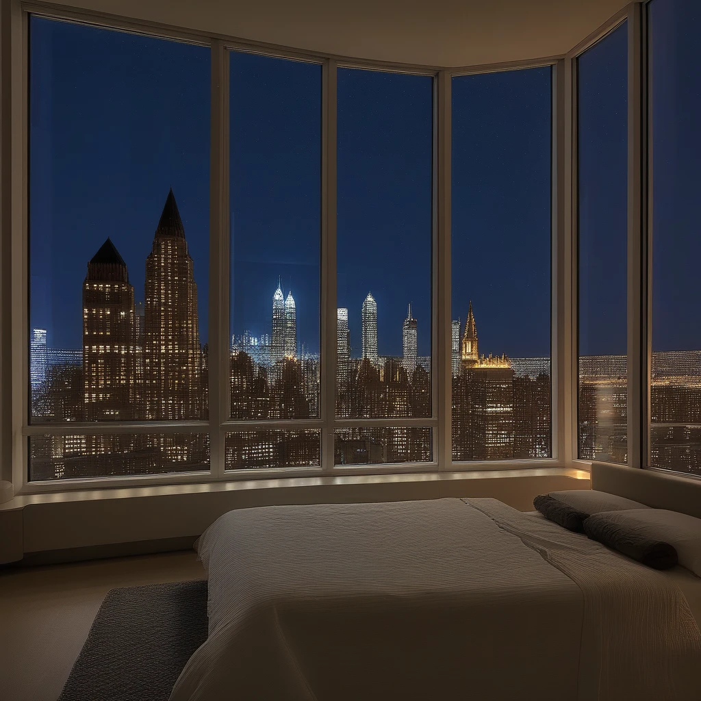 bedroom with huge windows at night with nightly city