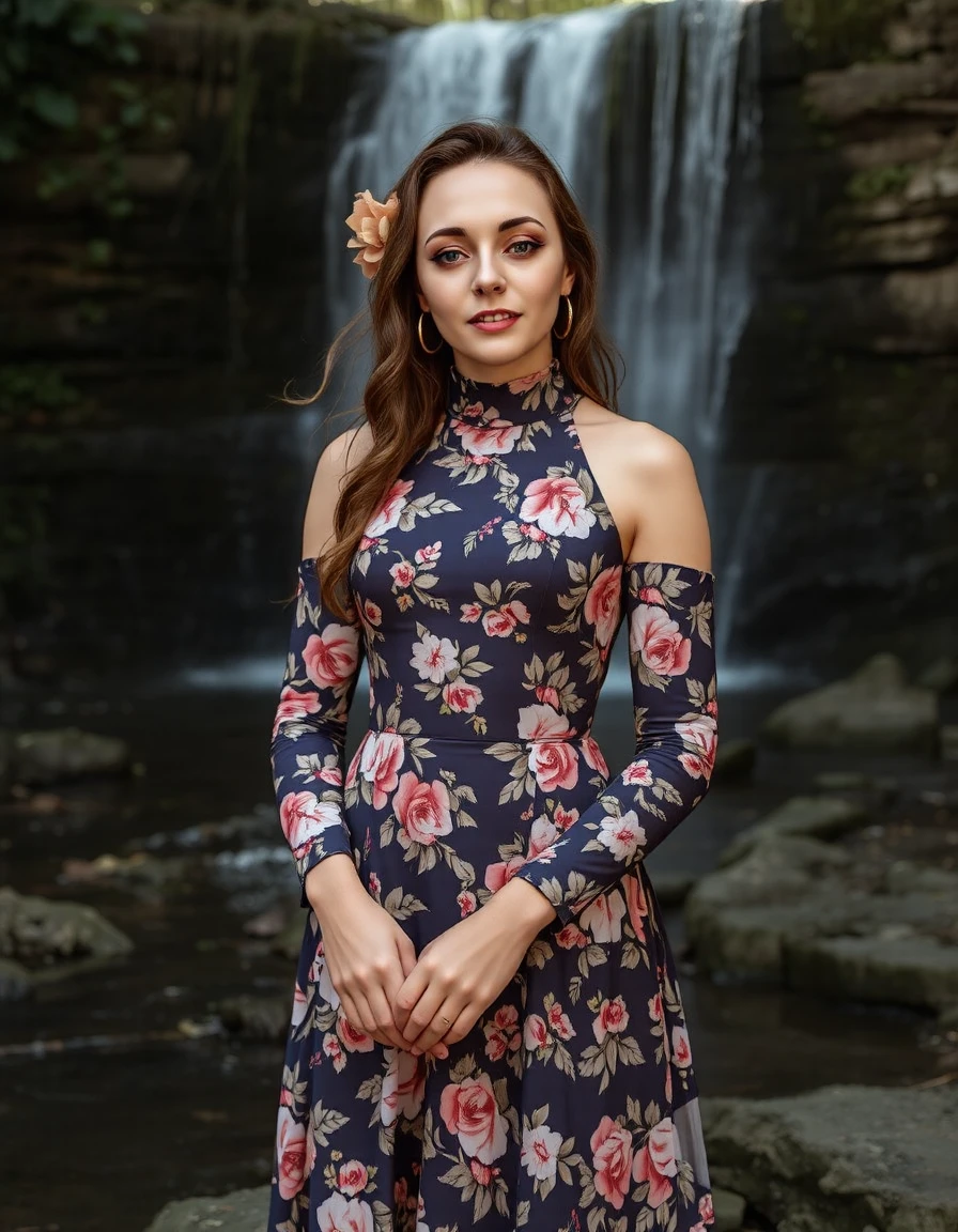 lucilav, full body in frame,intricate full body portrait of a woman,wearing a high neck floral dress, flower in hair, waterfall in background, happy, epic character composition,by ilya kuvshinov, alessio albi, nina masic,sharp focus, natural lighting, subsurface scattering, f2, 35mm, film grain