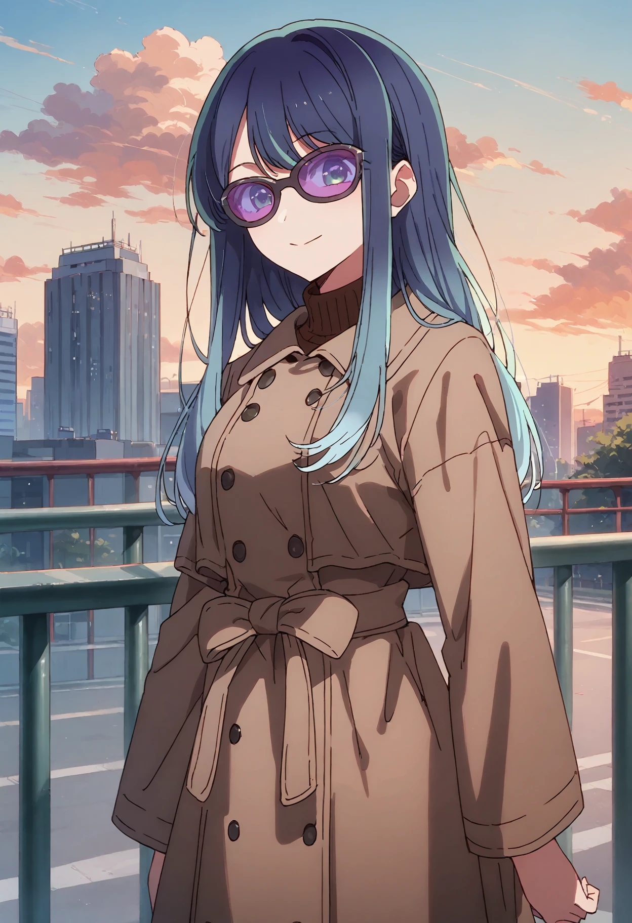 score_9, score_8_up, score_7_up, , score_ANIME,,1girl, solo, long hair, sky, looking at viewer, outdoors, cloud, day, closed mouth, long sleeves, blue sky, , , cloudy sky, trench coat, ,, standing, building, expressionless,, blue hair, turtleneck sweater, cowboy shot  <lora:kurokawaakane_pony2:1>   cowboy shot,smile, sunglasses, kurokawaakane, , orange sky, evening,railing, street,  evening,