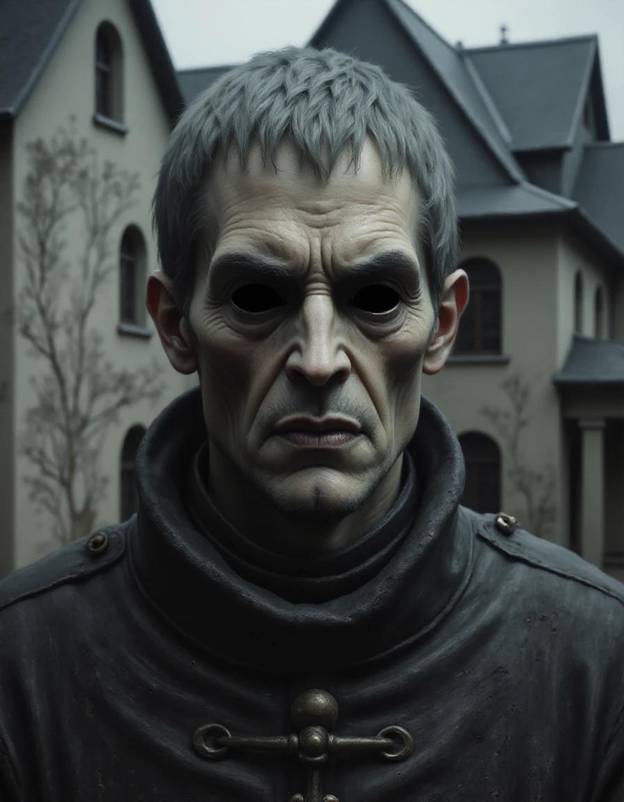 a cinematic shot of a man with black hollow eyes,Bowl cut,Gray hair, we are outside of a townhall which is built and decorated in the mixed style of Peter Zumthor and Junya Ishigami   <lora:Hollow_Eyes_Portrait_Flux_V2-000021:1.2>