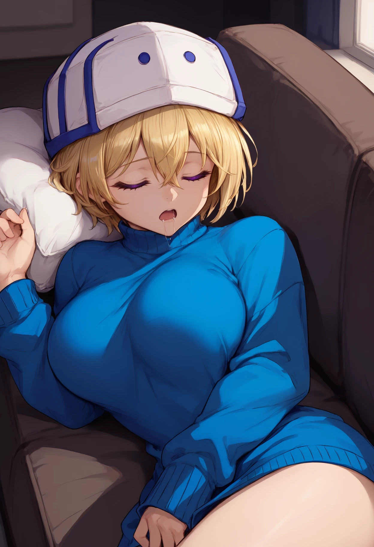 score_9, score_8_up, score_7_up, 1girl, clgret, purple eyes, short hair, hair between eyes, blonde hair, large breasts,
blue mitre, white headwear, sweater dress, blue sweater, no pants,
open mouth, lying, on side, sleeping, mouth drool, nose bubble, closed eyes, 
indoors, couch, pillow
<lora:Cless-Gretchen-Lilitales-PDXL_V1-Manityro-CAME:1.0>,