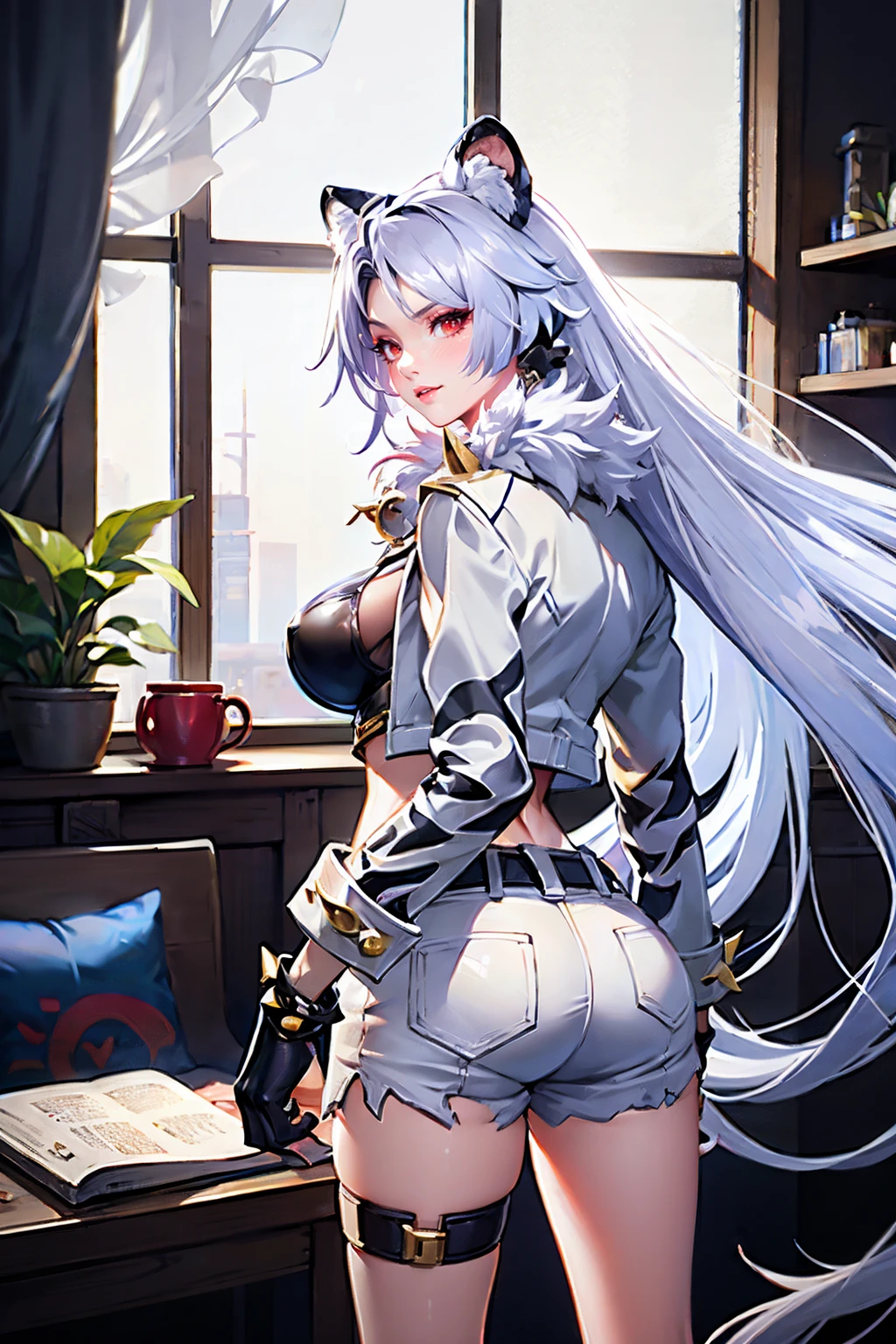 <lora:Dextra_Beast_Gang_Tiger_AoV_Model_LoRA:0.8>, Dextra_BG, 1girl, solo, animal ears, white tiger ears, long hair, very long hair, white hair, bangs, parted bangs, earrings, looking at viewer, red eyes, parted lips, neck bell, collar, breasts, large breasts, fur trim, jacket, white jacket, animal print, open jacket, open clothes, long sleeves, gloves, black gloves, navel, belt, shorts, short shorts, thigh strap, bandaid, bandaid on leg, spikes, socks, black footwear, jewelry, ((large hips, ass, big ass)), 40s, mature female, milf, back, back view
, indoors, cup, pillow, book, window, chair, table, plant, scenery, couch, potted plant, shelf, best quality, ultra high res, (photorealistic:1.4), masterpiece, real life skin, hyper real