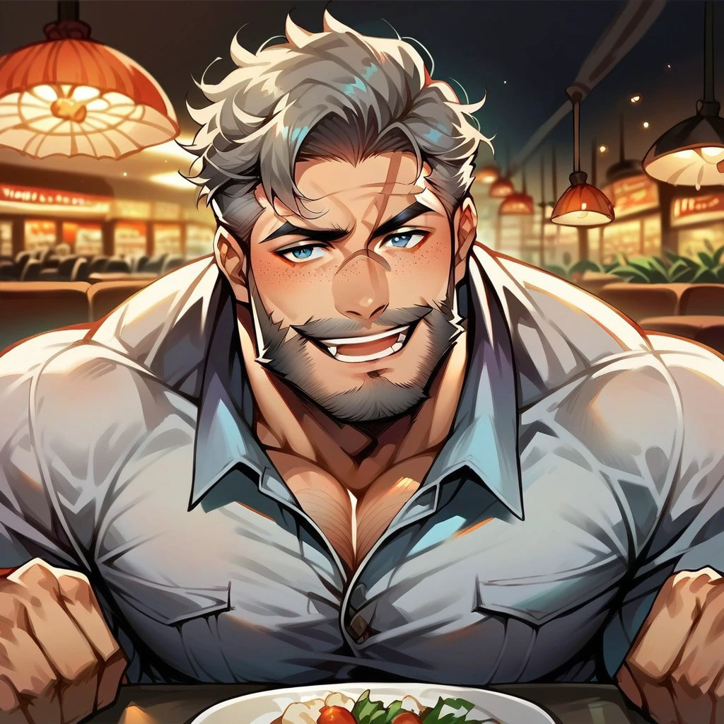 <lora:turbomale_LoraV6:1> ,1man, muscular man, grey hair, glasses, frontal view,facing viewer, looking at viewer, masterpiece,best quality, grey beard, mature male, fried chicken on table:1, <lora:acrossTableConcept_v10:1>
