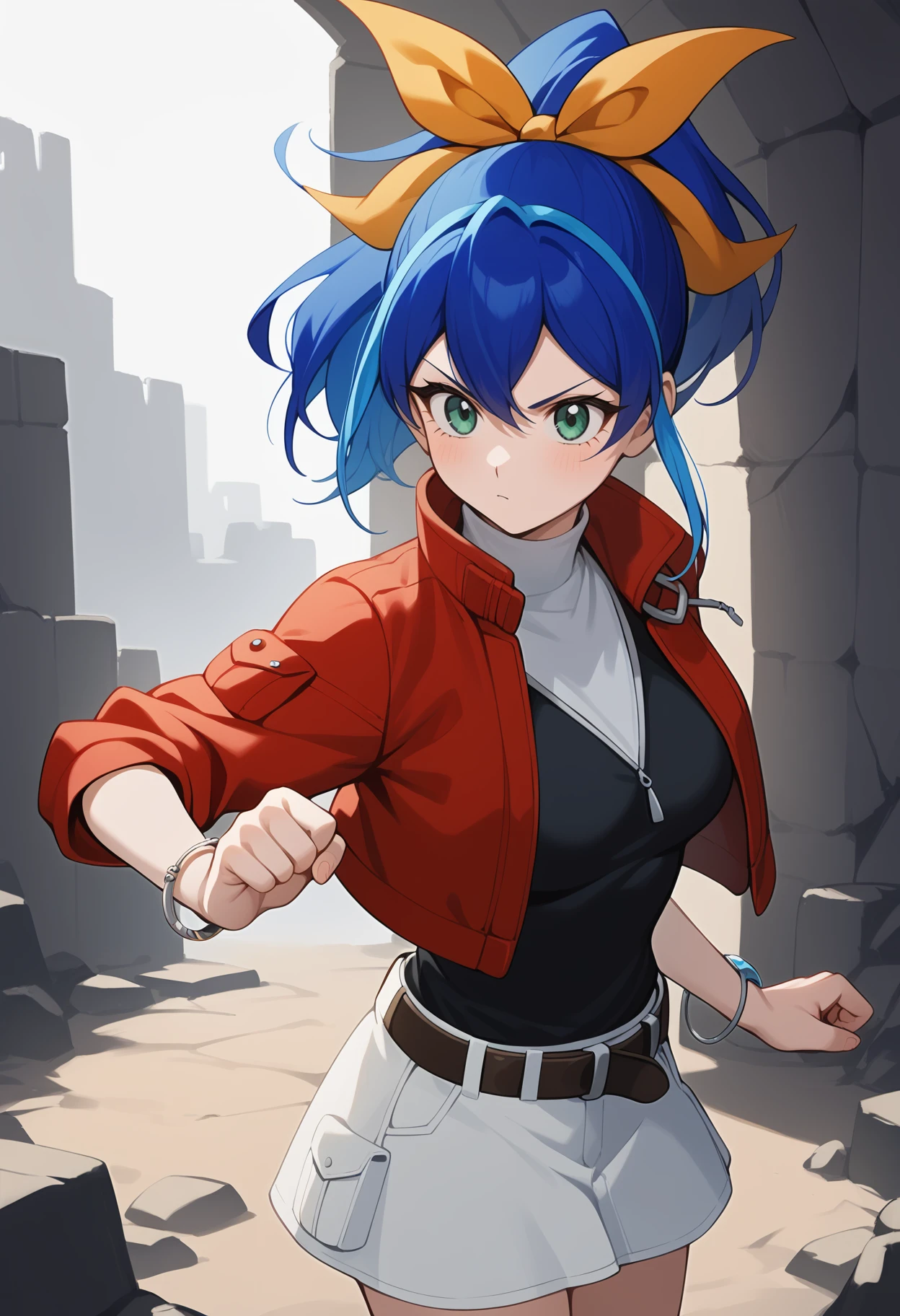 score_9, score_8_up, score_7_up, score_6_up, score_5_up, score_4_up, source_anime, bbserena, multicolored hair, blue hair, ponytail, hair bow, green eyes, breasts, black shirt, cropped jacket, red jacket, bracelet, belt, miniskirt, white skirt, <lora:serena_(yu-gi-oh!)_ponyxl_v1:0.9>, standing, cowboy shot, ruins, fighting stance,