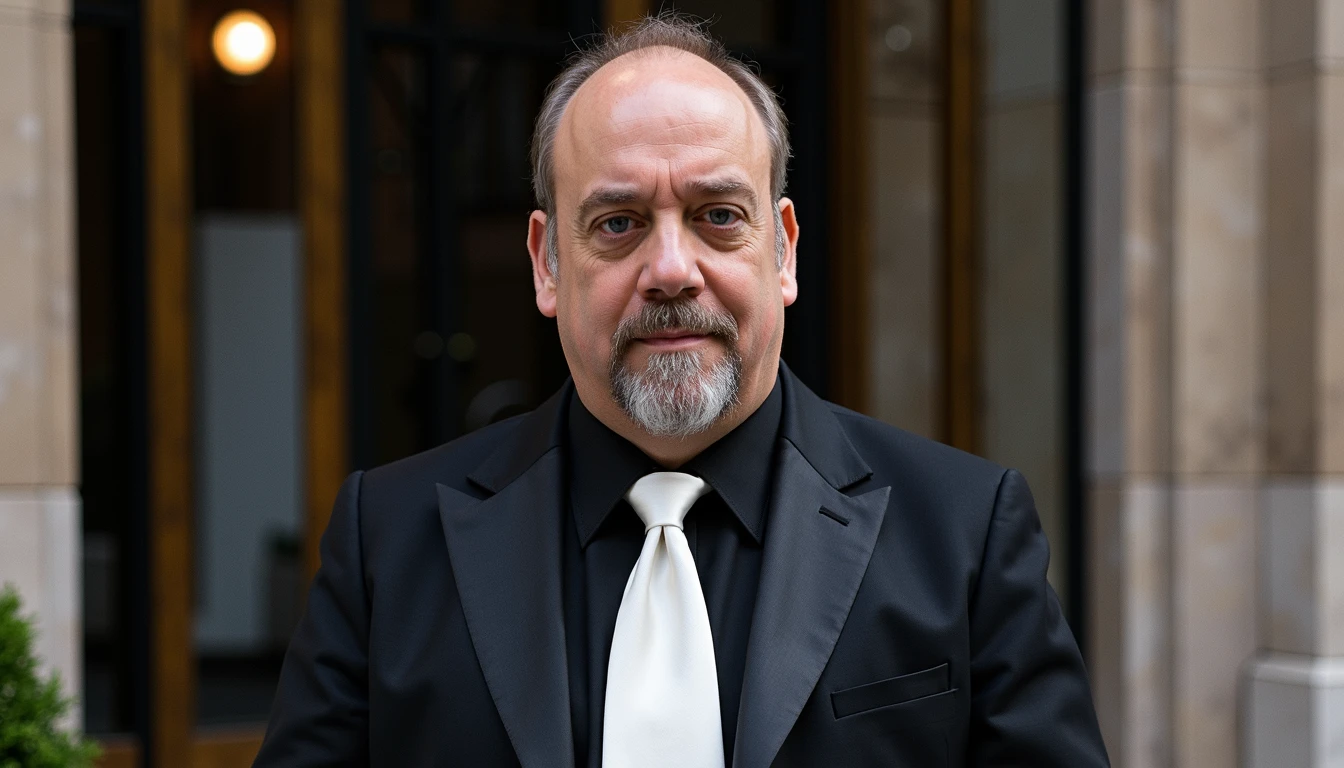 the actor Paul Giamatti dressed completely in black and white tie in front of the CivitAI headquarters