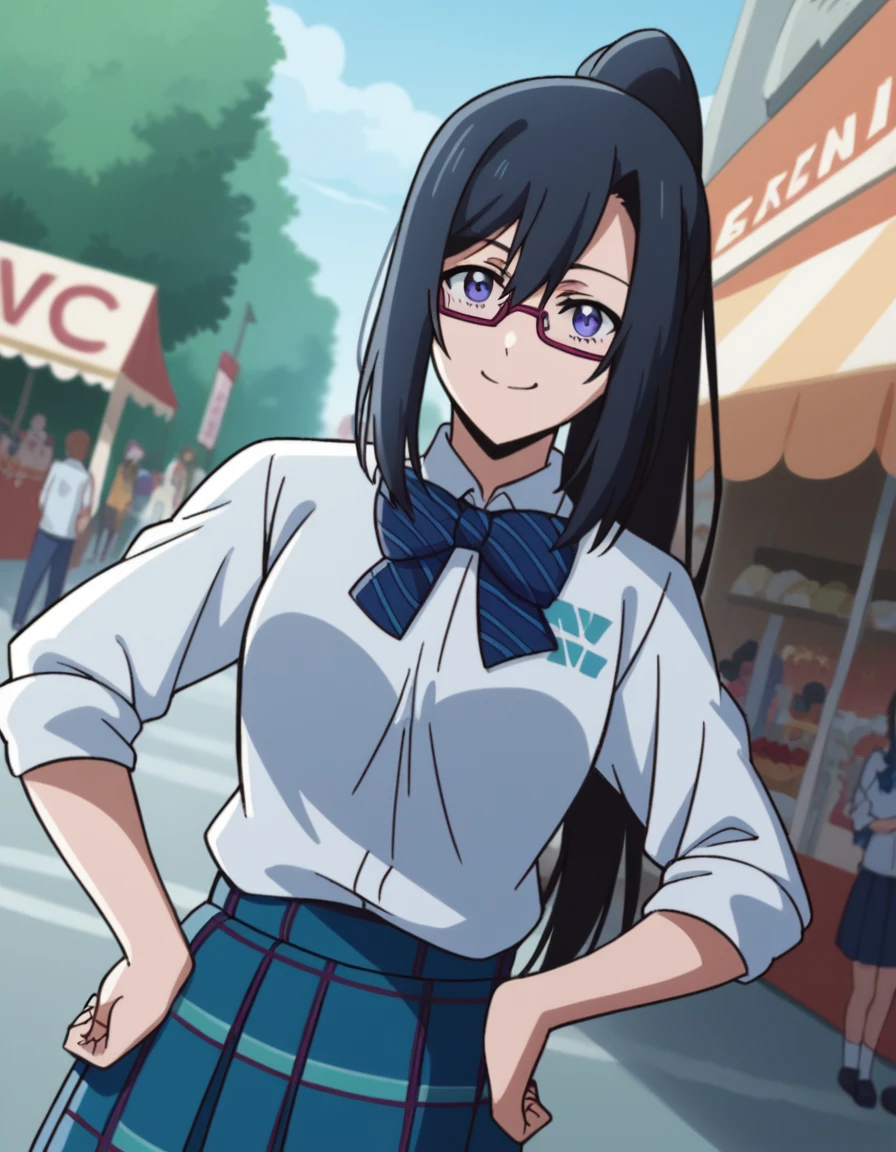 score_9, score_8_up, score_7_up, source_anime, <lora:riko-izumi-s1-ponyxl-lora-nochekaiser:1>, riko izumi, black hair, purple eyes, ponytail, glasses, semi-rimless eyewear, sidelocks, hair between eyes, medium breasts,, shirt, bow, school uniform, white shirt, striped, bowtie, blue bow, striped bow, striped bowtie, skirt, blue skirt, plaid skirt, pleated skirt,, street market, vendor, street food, bustling crowd, local flavor, vibrant, , , smug, hand on hips,, solo,, dutch angle, cowboy shot