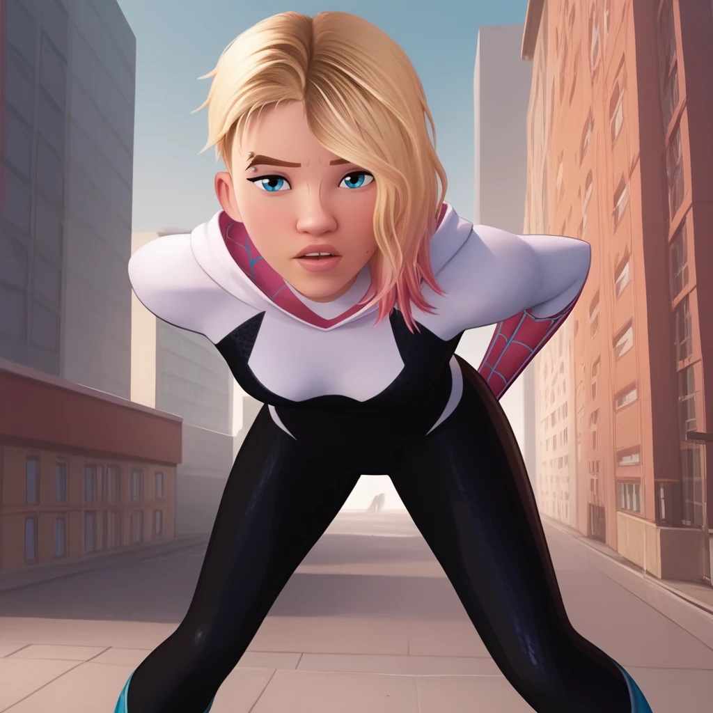 score_9, score_8_up, score_7_up, score_6_up, score_5_up, score_4_up, realistic, rooftop,  building, <lora:Gwen_Stacy-000007:0.8>, gwen1, 1girl, breasts, short hair, blue eyes, blonde hair, pink hair, bodysuit, piercing, asymmetrical hair, spider web print, eyebrow piercing, hooded bodysuit, sneakers, BREAK looking at viewer, parted lips, leaning forward,  arms behind back, half-closed eyes,