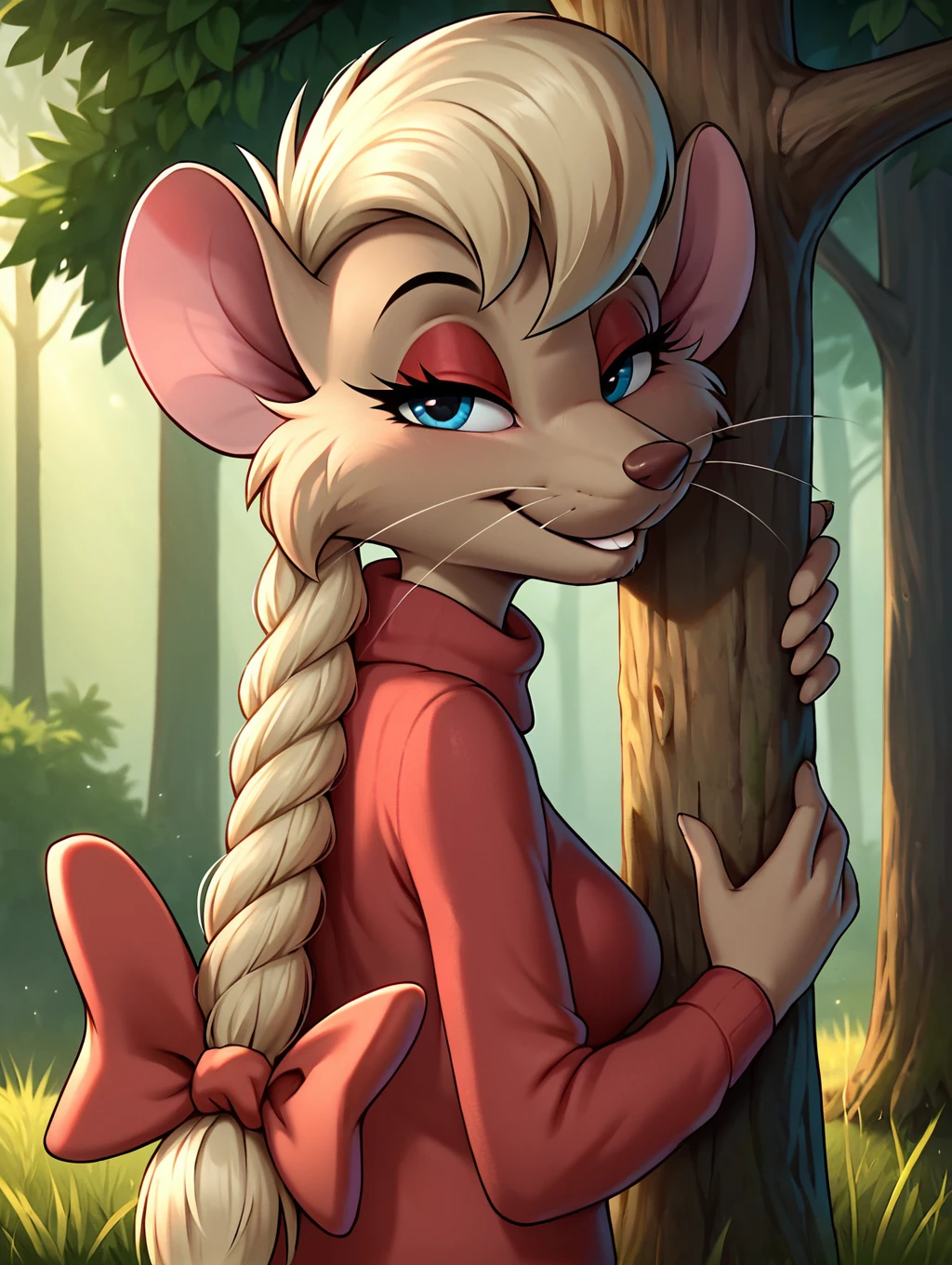 score_9, score_8_up, score_7_up, ultra high quality,ultra high resolution,ultra ,full body, seductive,  detailed background,forest background,standing,trees,grassy path,high detailed face,seductive smile,half-closed eyes,<lora:Jenny_Mcbride_from_Nimh_2:0.86> jenny_mcbride, mouse, mouse girl, blonde hair, braided ponytail, turtleneck sweater, long eyelashes, red sweater, light brown fur, blue eyes, whiskers  ,solo,single,1girl,seductive smile,looking at viewer,slightly parted lips, ,teeth,perfect mouth,flirting,flirting with viewer,blue eyes,hips crooked,large hair ribbon,medium breasts,looking back,from behind,leaning against tree,upper body,red ribbon,large ribbon,red eyeshadow,