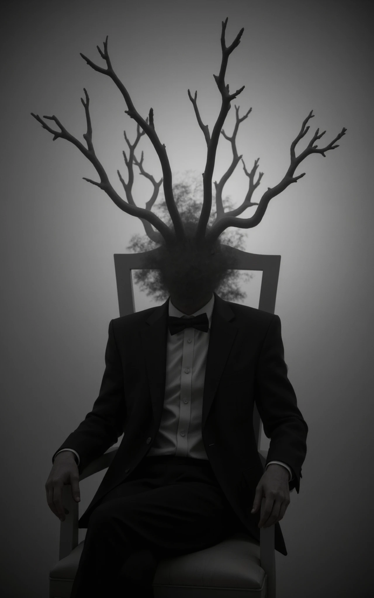 A captivating 3D render of a dark fantasy character, showcasing a mysterious figure seated on a chair. The figure's head is shrouded in a smoky or misty aura, with elongated, branch-like structures protruding from it, creating an enigmatic silhouette. The individual dons formal attire, including a bowtie and a suit, adding an air of sophistication amidst the eerie atmosphere. The monochromatic color palette of grays and blacks dominates the scene, amplifying the overall eerie and ethereal ambiance. The cinematic composition invokes themes of mystery, introspection, or even decay, making it a conceptual work of art that is both captivating and thought-provoking.