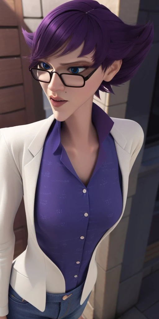 Hyperrealistic, photorealistic, super detailed, blue jeans, purple V-necked dress shirt with a white scientific scribble pattern and popped collar, deep cornflower blue eyes, short dark purple hair, prominent lips, beauty mark on her left cheek, pointy chin, body like in real life, large pores, fair skin, tall, beautiful arms, very flat very little breasts, unreal engine, octane render, droped shadow, bokeh, cinematic lighting, <lora:add_detail:0.5>, <lora:Volumetric_lighting:0.6>, Olga Mendeleiev, <lora:9ff36df4-f6f9-414c-b6c2-64238b1b9e87:0.7>