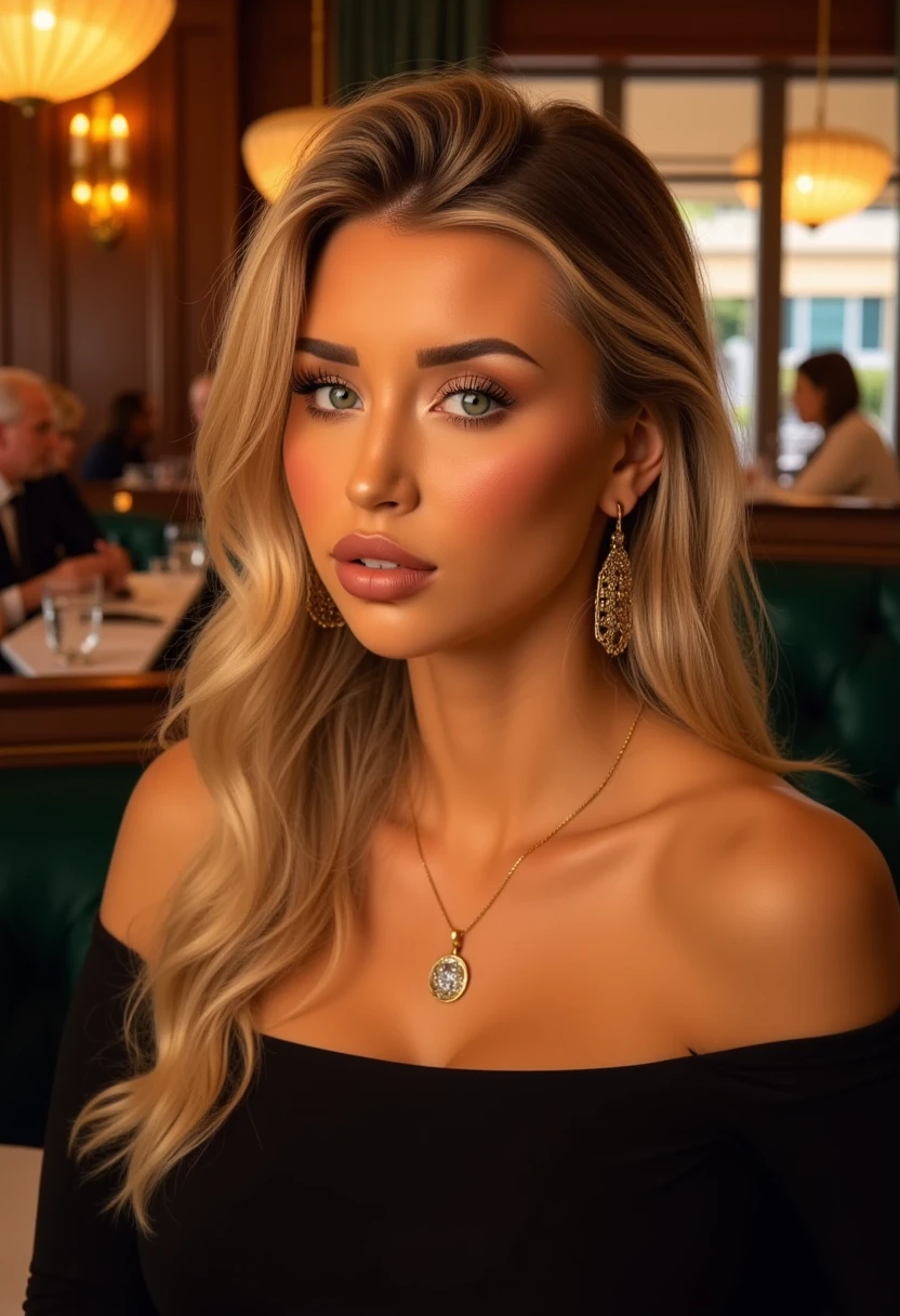 This is a highly detailed, hyper-realistic digital portrait of a young woman with a fair complexion and striking eyes. She has long, wavy blonde hair that cascades over her shoulders. Her makeup is meticulously applied, with a smooth, glowing complexion, rosy cheeks, and a subtle pink gloss on her lips. She wears a black off-the-shoulder top that reveals her collarbones and a delicate gold necklace with a large, sparkling pendant. Her earrings are also gold and feature intricate designs.

The background is a cozy, dimly lit restaurant with warm, golden light from chandeliers and large windows. The restaurant has a classic, elegant atmosphere with dark wood paneling and plush green booths. In the background, there are several patrons engaged in conversation, adding a sense of depth and activity to the scene. The overall ambiance suggests a luxurious yet intimate dining experience. The lighting in the image is soft and flattering, enhancing the subject's features and the warm tones of the room. The meticulous attention to detail and the lifelike quality of the portrait make it stand out as a high-quality digital artwork. M1K4YL4