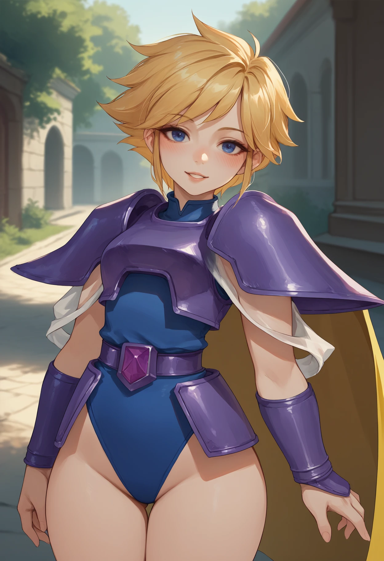 score_9, score_8_up, score_7_up, source_anime BREAK 1girl, solo, <lora:faye-ffmq-richy-v1_pdxl:1> faye, blue eyes, blonde hair, short hair, purple armor, shoulder armor, blue leotard, belt, yellow cape, vambraces, looking at viewer, smile, blush, parted lips, wide hips, thighs, outdoors, <lora:leviathan-artist-richy-v1_pdxl:1>