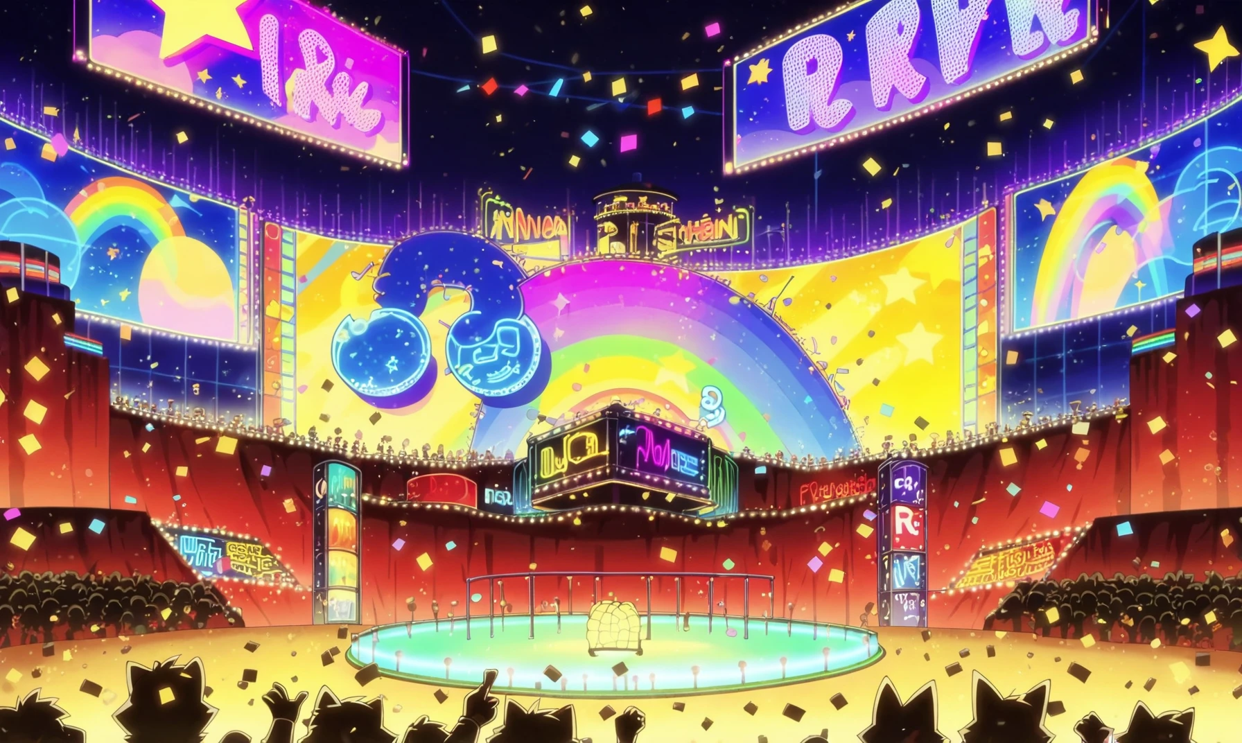 <lora:Plasmagica_Show_By_Rock_Backgrounds_pxl:1> score_9, score_8_up, score_7_up, score_6_up, score_5_up, score_4_up, source_anime, plasmagica_style, art_style, stage, glowstick, concert, audience, crowd, night, neon lights, rainbow, sky, confetti, no humans, virtual youtuber, building, star \(sky\), night sky, silhouette, outdoors, english text