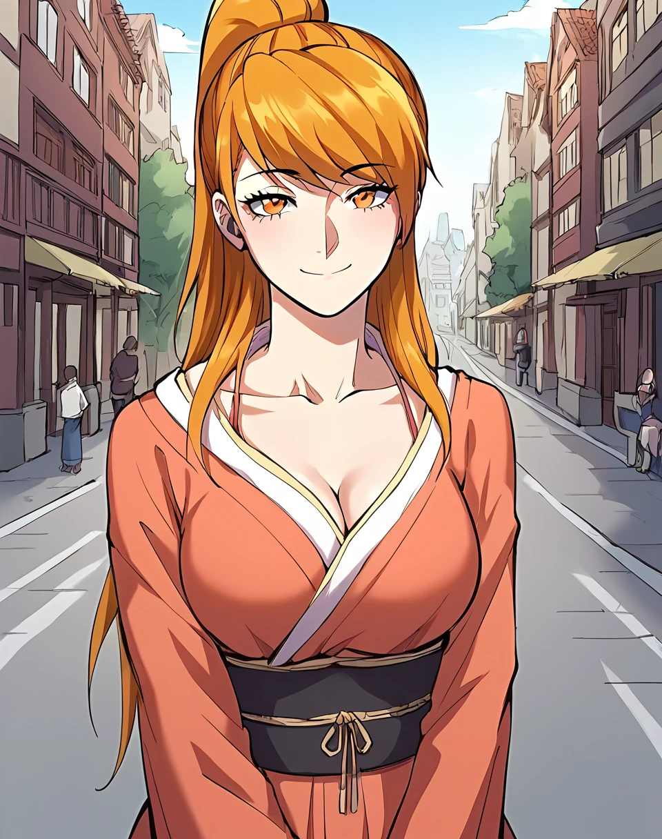 xiao_ninger, orange hair, orange eyes, long hair, ponytail, manhua,  traditional clothes BREAK outdoors, city street, medieval BREAK looking at viewer, sexy face, happy, closed mouth, smile, cowboy shot, sexy pose BREAK score_9, score_8_up, score_7_up, source_anime ,zPDXL, perfect hand, <lora:Xiao_Ninger:0.8>