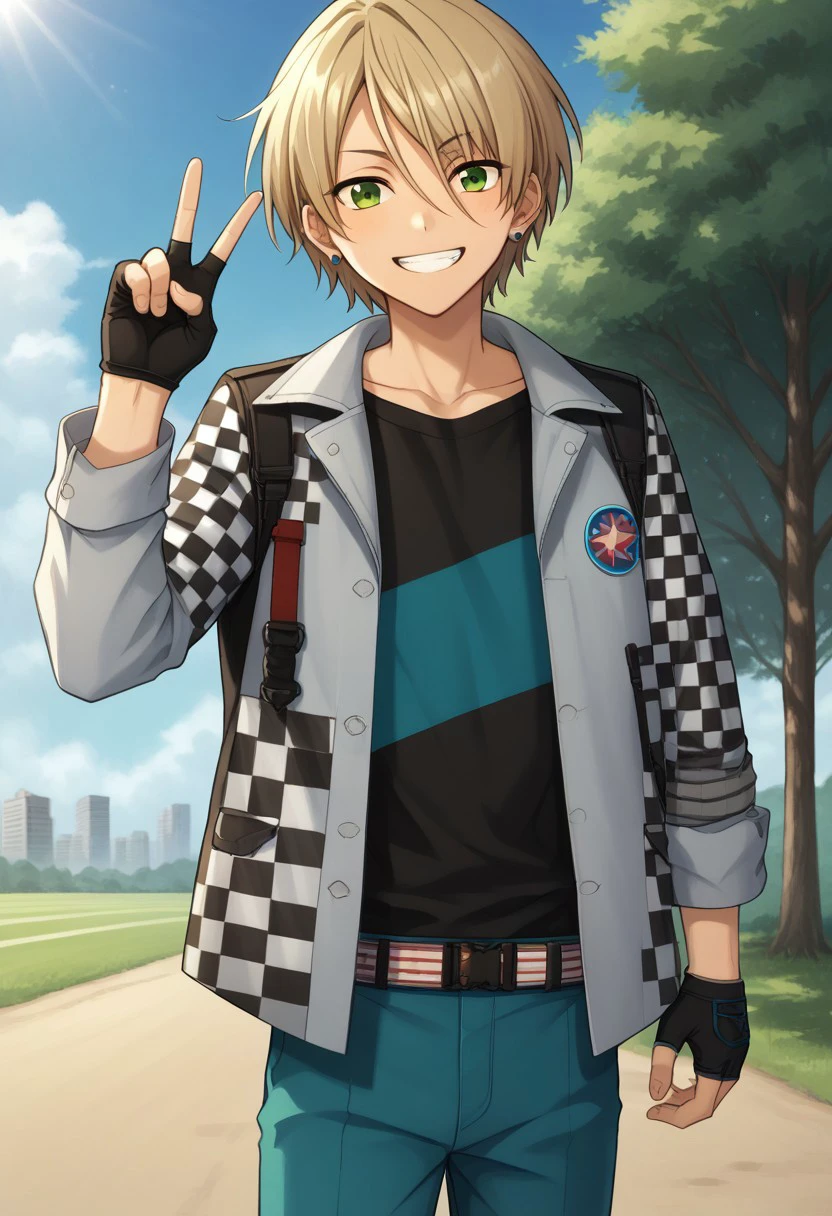 score_9, score_8_up, score_7_up, source_anime, highly detailed, 
shiratori, 1boy, male focus, solo, blonde hair, hair between eyes, short hair, green eyes, shirt, black shirt, jacket, open jacket, open clothes, checkered jacket, checkered clothes, pants, blue pants, belt, gloves, black gloves, fingerless gloves, jewelry, earrings, slender, skinny, smile, grin, v sign,
outdoor, sky, cloud, tree