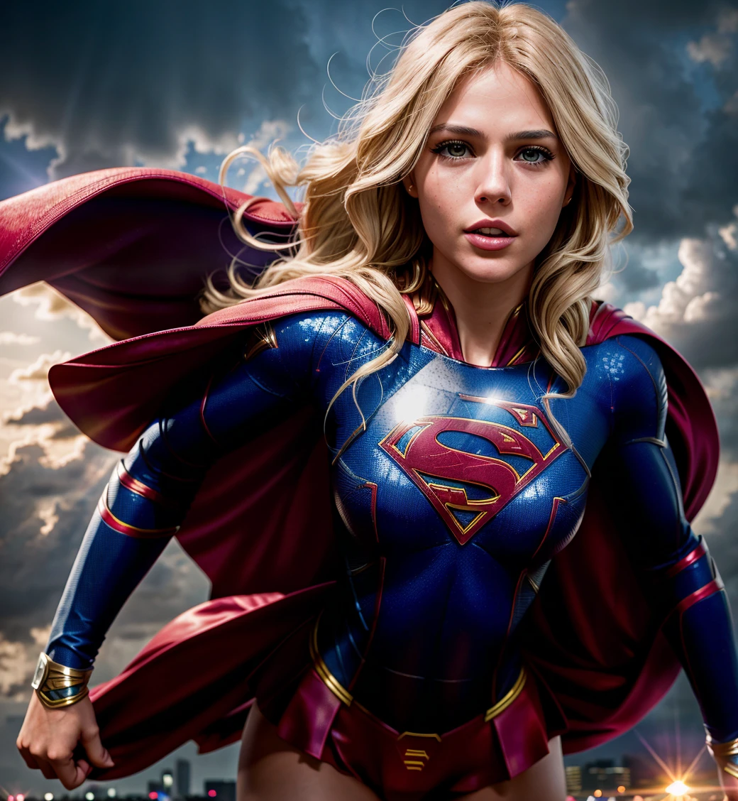 DC Extended Universe (Raw, Analog portrait photo of Kara Zor El), sci-fi superhero style, detailed face, teen, long hair, (light blonde hair:1.2), heroic, ultra realist colors, very intricate details, focus, full frame image, award winning, highly detail eyes, hd, 16k, natural illumination, real hair movement, (best quality:1.4), (Supergirl, wearing Supergirl-suit, cape), outdoor, realistic, sharp focus, hdr, sunset, god rays, backlight, professional photo shot with Hasselblad 501c, lighting, Photorealism, cinematic light, lighting, Photorealism, cinematic light . Superheroes, grim, darker tones, highly detailed