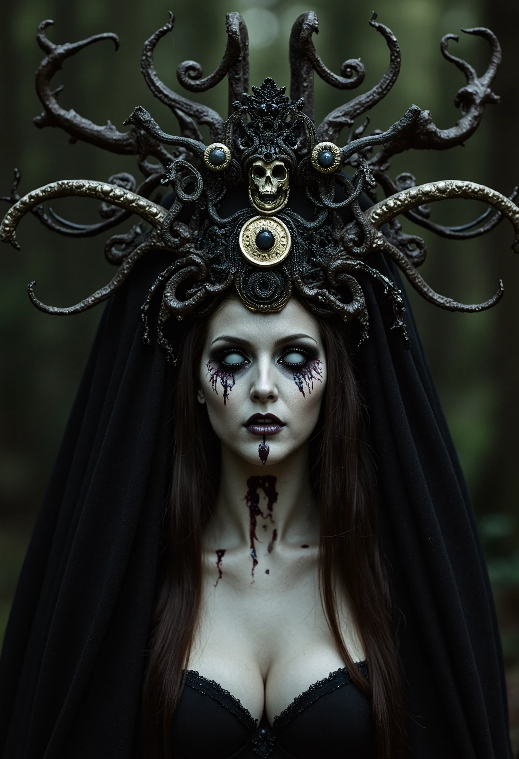 Amateur photo of a witch, intricate headdress with occult symbolism, captivating, macabre, evil, amazing composition, high resolution photo, grainy footage, analog film, 35mm 