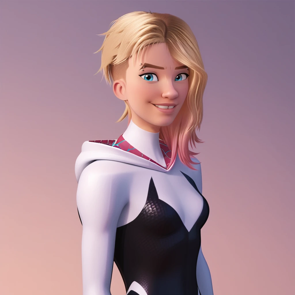 score_9, score_8_up, score_7_up, score_6_up, score_5_up, score_4_up, realistic, <lora:Gwen_Stacy-000007:0.8>, gwen1, 1girl, breasts, short hair, blue eyes, blonde hair, pink hair, bodysuit, piercing, asymmetrical hair, spider web print, eyebrow piercing, hooded bodysuit, looking at viewer, smile, portrait, spider-man: into the spider-verse,