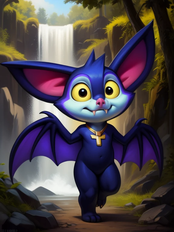 <lora:CammyCamazotzBatsNYif:1> CammyCamazotzBatsN, Bat, arms wings,  dark purple fur, yellow sclera, black eyes, light blue face, yellow feet,  ( chibi, small body,) male, gold necklace, gold necklace, ((yellow stripe on the forehead, dark purple belly,)) fangs,
Looks at the viewer, [ solo, nature, forest, day, clouds, waterfall, nude, naced,] (( walking, ))
beautiful, aesthetic, perfect, delicate, intricate, saturated colors, masterpiece, digital drawing, best quality,
by Darkgem, by Wildering, by Null-Ghost, by Silverfox5213, [[by Foxovh, by Chunie, by Pino Daeni, by Bonifasko]]