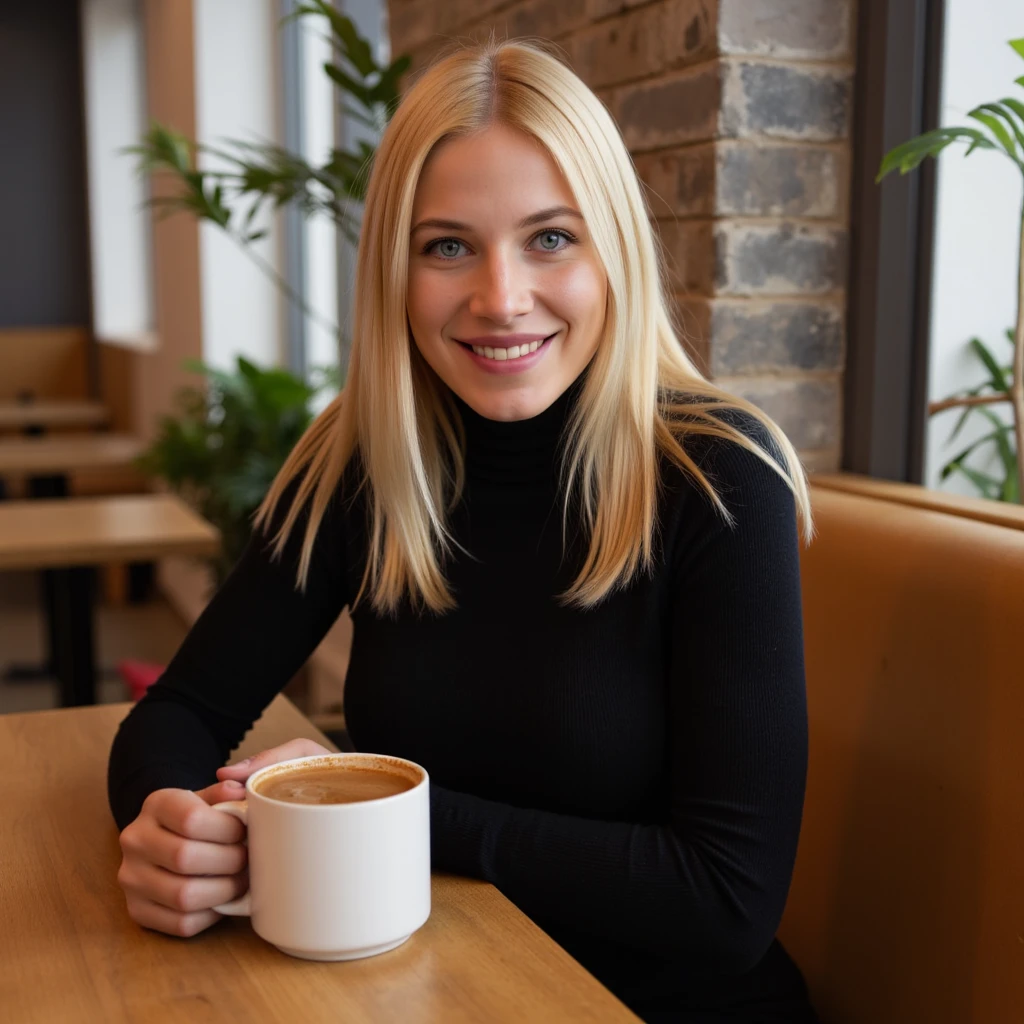 photo realistic, 30mm amateur photo without text and watermarks, natural detailed skin, blonde MDoroshina woman wearing a turtleneck dress sitting in a cafe having a coffee, looking at viewer, smiling <lora:MDoroshina_flux_v1:1.3>