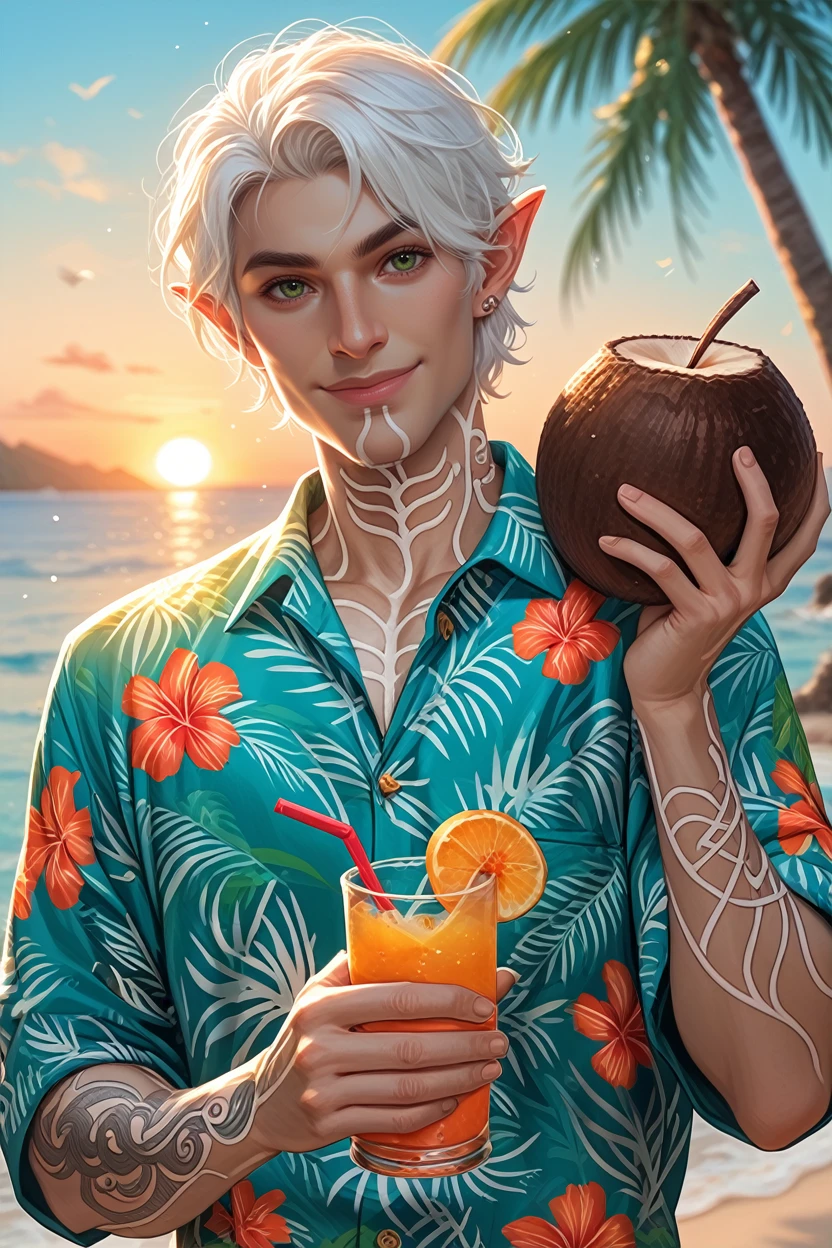 score_9, score_8_up, score_7_up,
<lora:DA2Fenris:0.8>
DA2Fenris, 1boy, white hair, green eyes, white tattoo, pointy ears, looking at viewer, wearing a Hawaiian shirt, smiling, holding a coconut drink, vibrant sunset, palm trees swaying in the breeze, tropical vibes