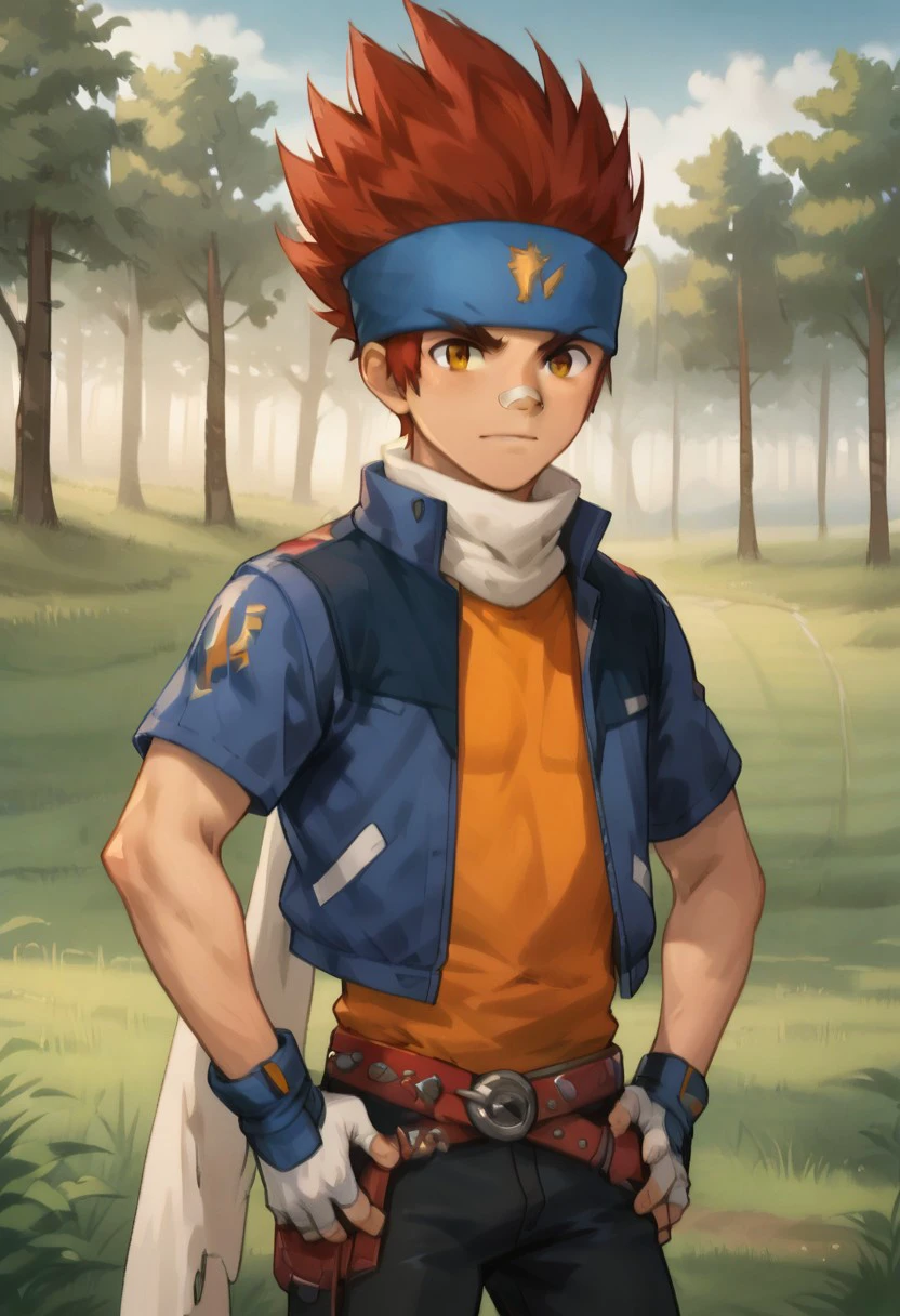 Score_9_up, score_8_up, score_7_up, BREAK, high quality, 1boy, gingkabbmf, red hair, spiked hair, bandaid on nose, headband, blue jacket, scarf, orange shirt, belt, fingerless gloves, hands on hip, grassfield, trees,