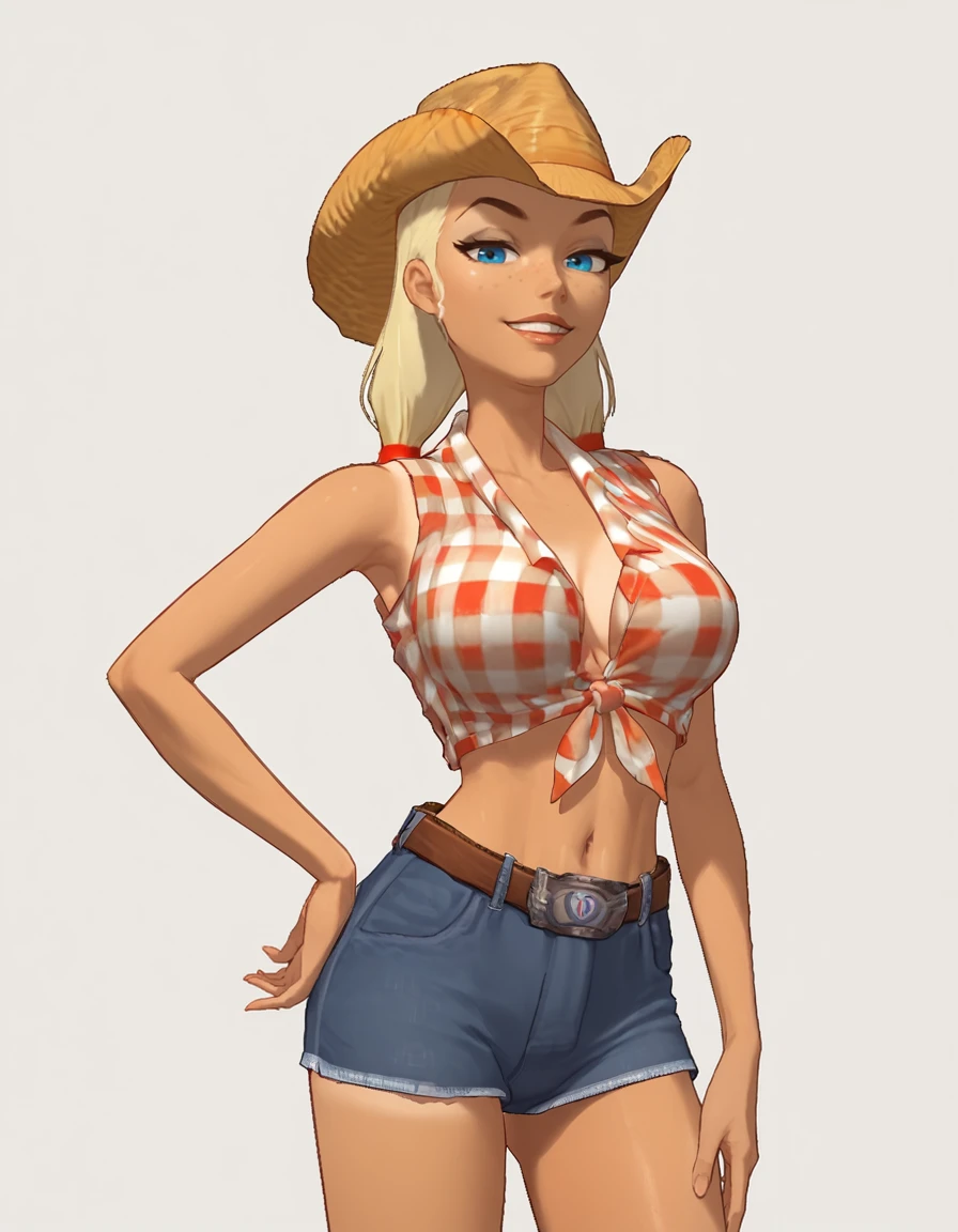 <lora:SallyMaePony:1.0> sally mae, blonde hair, 1girl, breasts, cowboy hat,tanlines,  blue eyes, twintails,smile,  denim shorts, belt, plaid shirt, midriff, navel, large breasts,white background,  makeup, score_9, score_8_up, score_7_up, score_6_up, score_5_up, score_4_up, looking at viewer,hand on hip, cowboy shot <lora:Expressive_H:1>