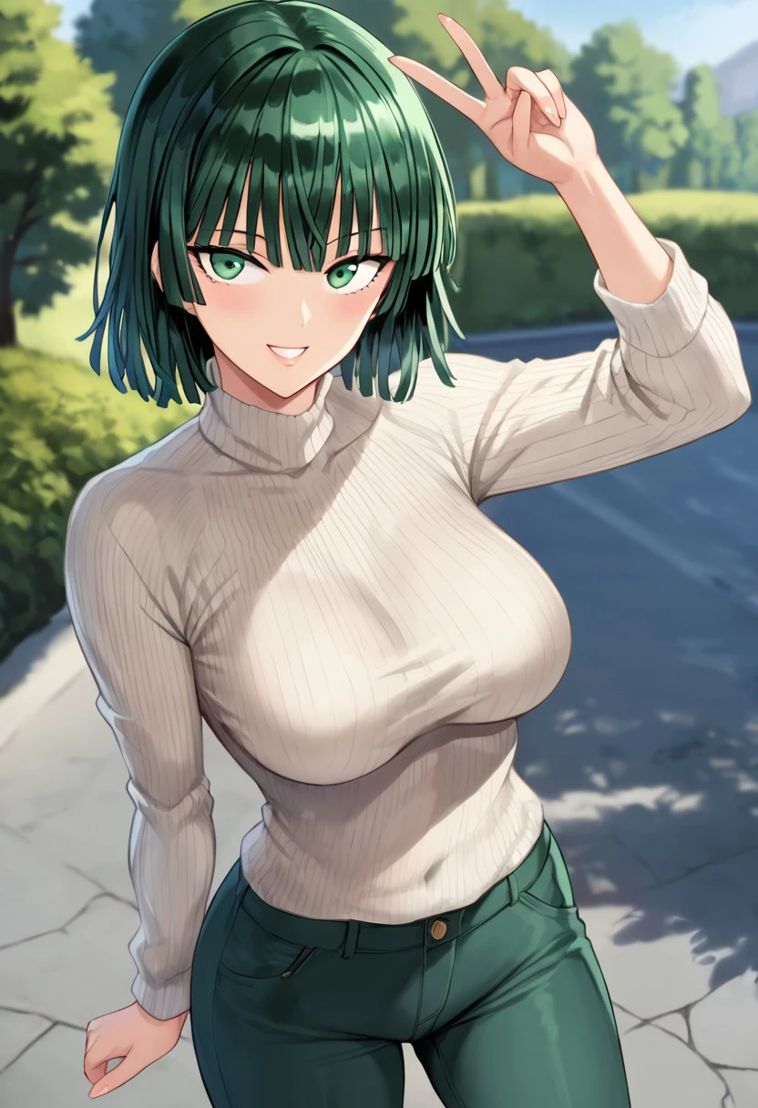 score_9, score_8_up, score_7_up, solo, 1girl, Fubuki_(One-Punch_Man), green_eyes, green_hair, short_hair, blunt_bangs, large_breasts, white_sweater, pants, outdoors, v, looking_at_viewer, slight_smile, blurry_background