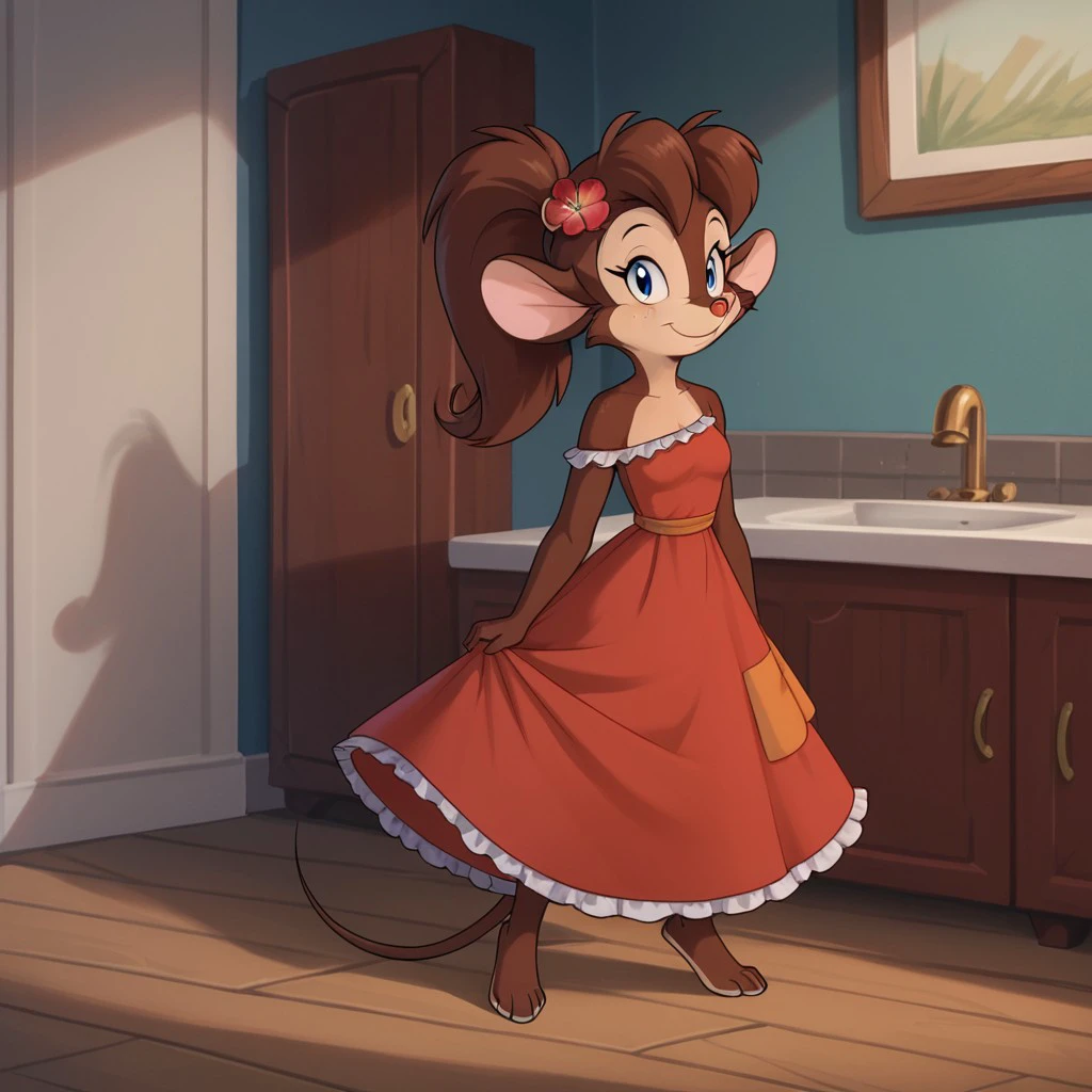 score_9, score_8_up, score_7_up, score_6_up, score_5_up, score_4_up, source_furry, tanyafgw, young anthro, female, mouse, brown fur, brown hair, ponytail,  full body, one 1girl, solo,  barefoot, hair ornament, hair flower, dress, bare shoulders, red dress,  smile, off shoulder, small breasts, red flower,  frills, closed mouth, inside, <lora:c76b4841-2a5d-484b-91cc-81ff17d7ae4b:0.7>