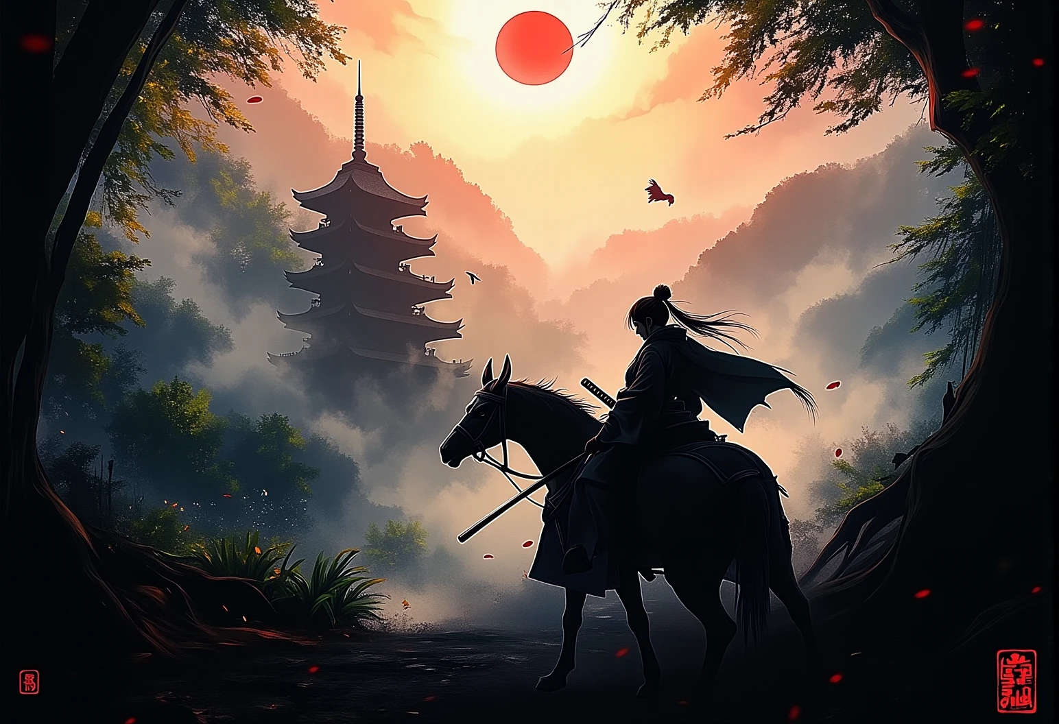 . A wide-angle shot of a female Samurai riding a horse through misty mountains in bamboo forest with traditional clan symbols and dramatic shadows from a sunset., <lora:bv-crimson-ronin-style-v1.safetensors:1.0:1.0>