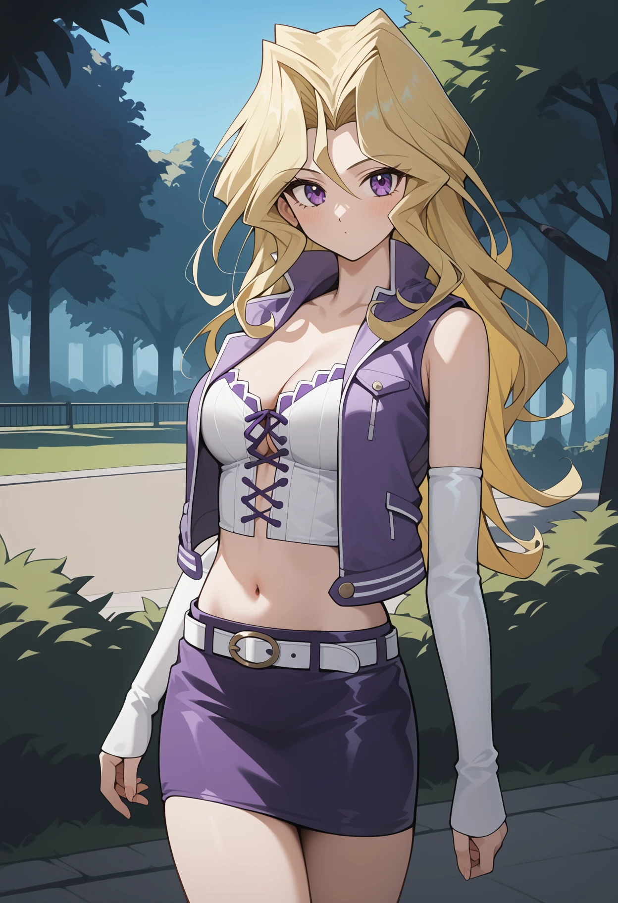 score_9, score_8_up, score_7_up, score_6_up, score_5_up, score_4_up, source_anime, aamai, long hair, blonde hair, purple eyes, breasts, cleavage, crop top, white shirt, cross-laced clothes. cropped jacket, purple jacket, open jacket, sleeveless, detached sleeves, white sleeves, midriff, white belt, miniskirt, purple skirt, thighs,<lora:kujaku_mai_ponyxl_v1:0.9>, standing, cowboy shot, outdoors, park,