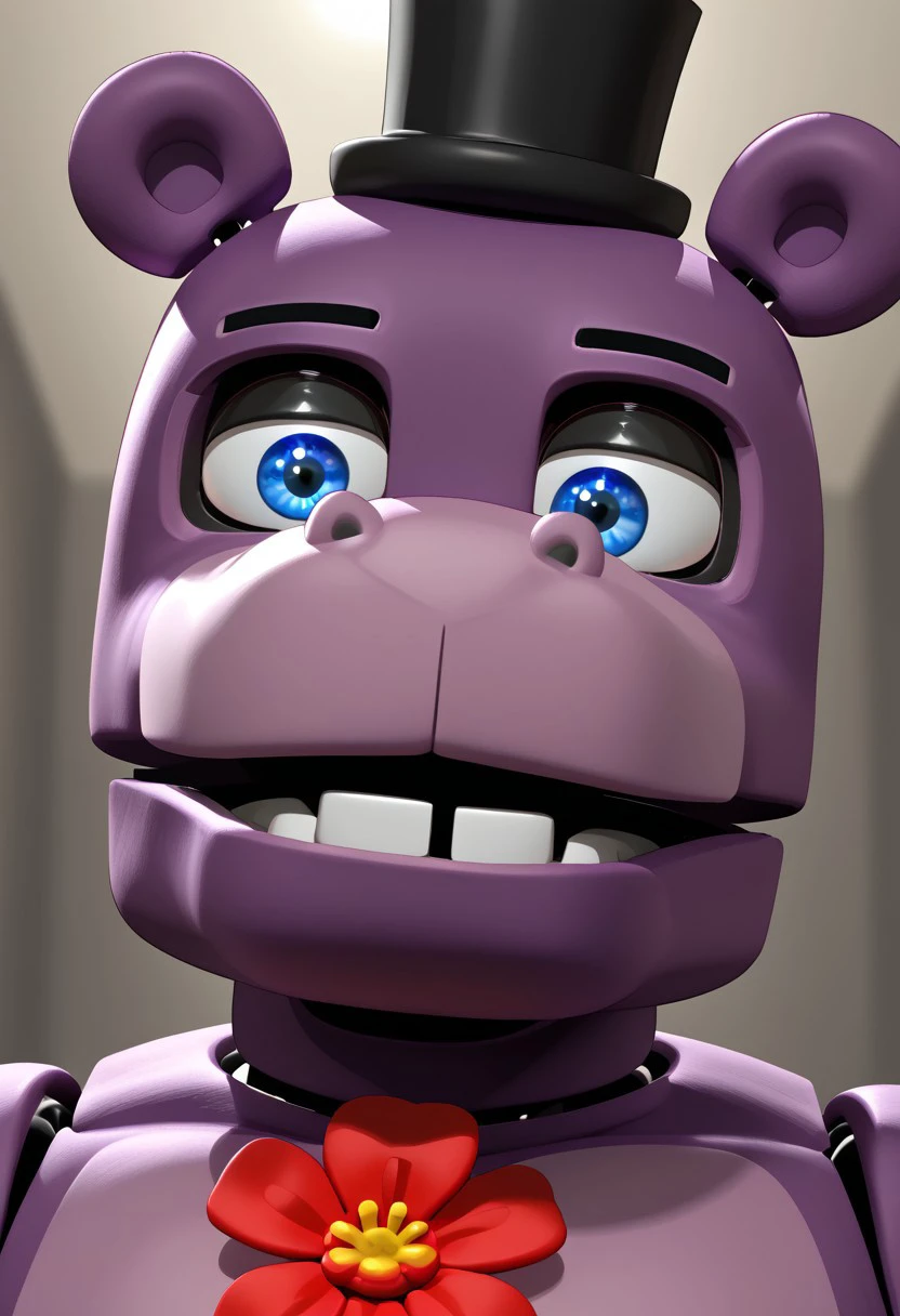 Mr Hippo, Purple Fur, Male, Blue eyes, red Flower on chest, top hat, donut ears, Animatronic, Portrait