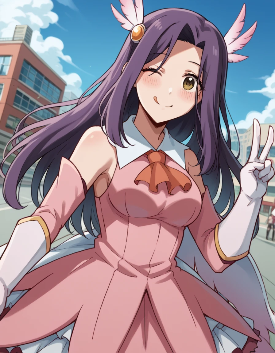 score_9, score_8_up, score_7_up, source_anime, <lora:erena-fujisawa-s1-ponyxl-lora-nochekaiser:1>, erena fujisawa, long hair, black hair, brown eyes, purple hair, parted bangs, sidelocks, medium breasts,, <lora:prisma-illya-cosplay-ponyxl-lora-nochekaiser:1>, prismaillyacosplay, prisma illya (cosplay), dress, elbow gloves, feather hair ornament, feathers, frilled dress, frills, gloves, hair ornament, layered gloves, magical girl, orange ascot, pink dress, pink feathers, pink gloves, pink sleeves, white gloves,, cityscape, street, smile, blush, v, v over eye, one eye closed, tongue out, , dutch angle, cowboy shot